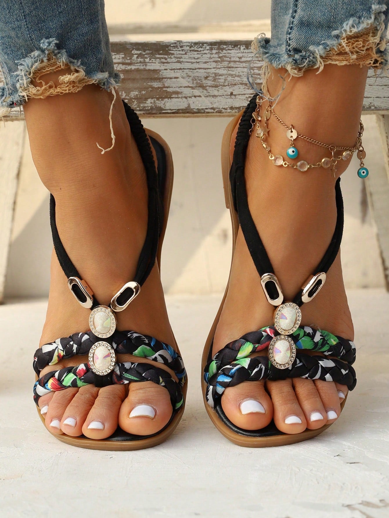 Women Floral Pattern Braid Detail Slingback Sandals, Vacation Summer Flat Sandals