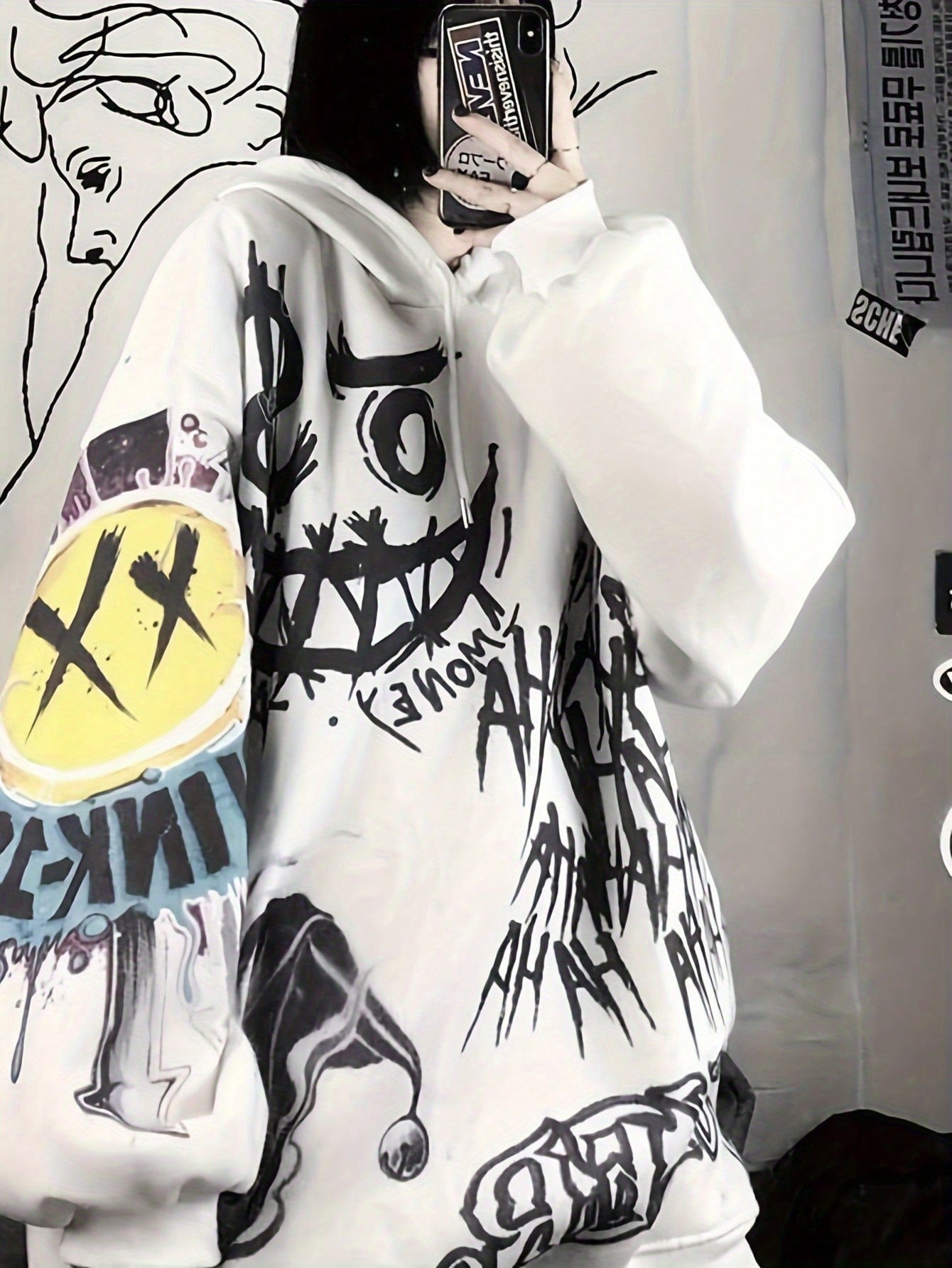 Women's Graffiti Printed Drawstring Hooded Oversized Sweatshirt