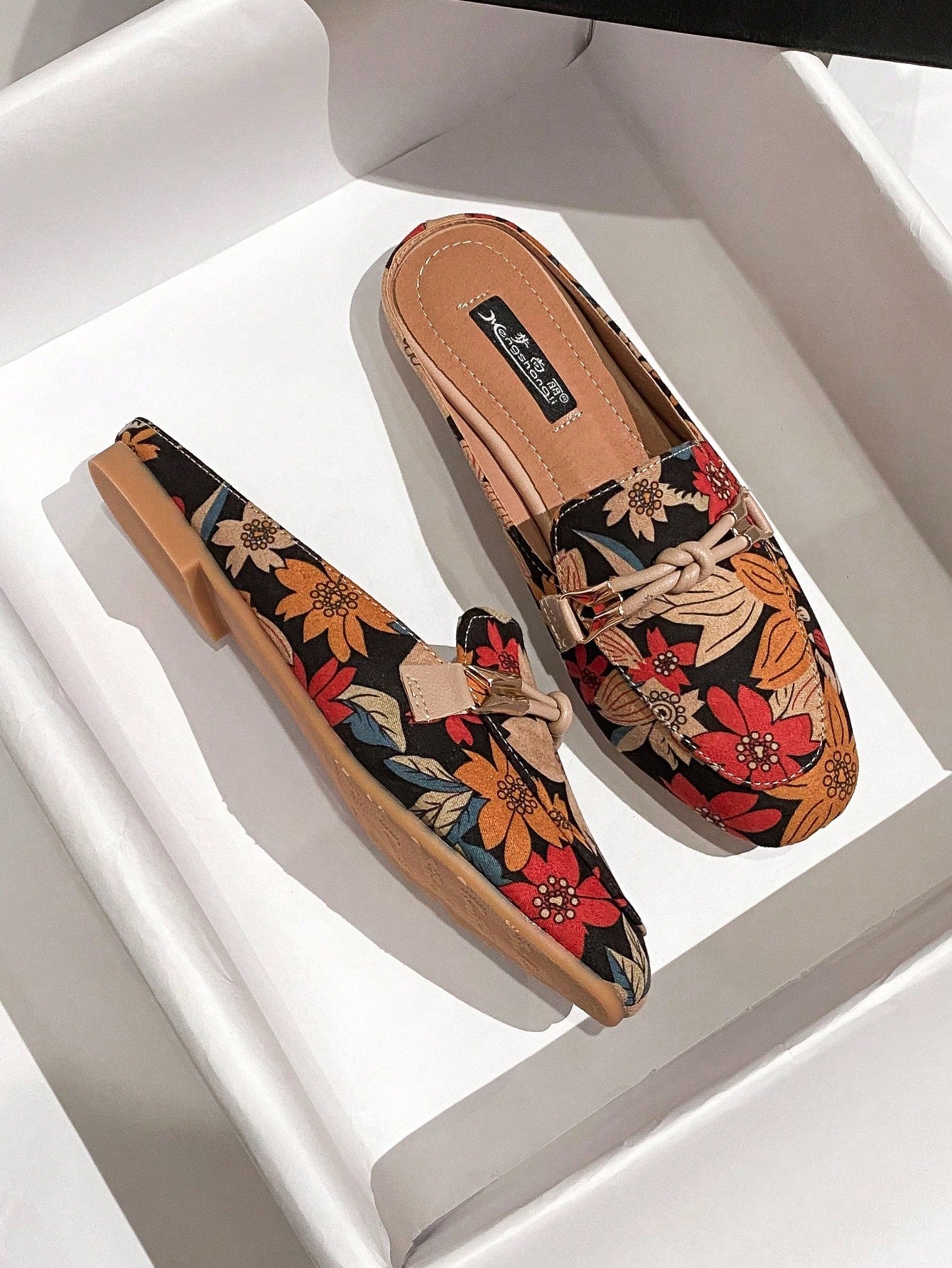 Women Knot Decor Geometric Graphic Mules, Artificial Leather Elegant Flats