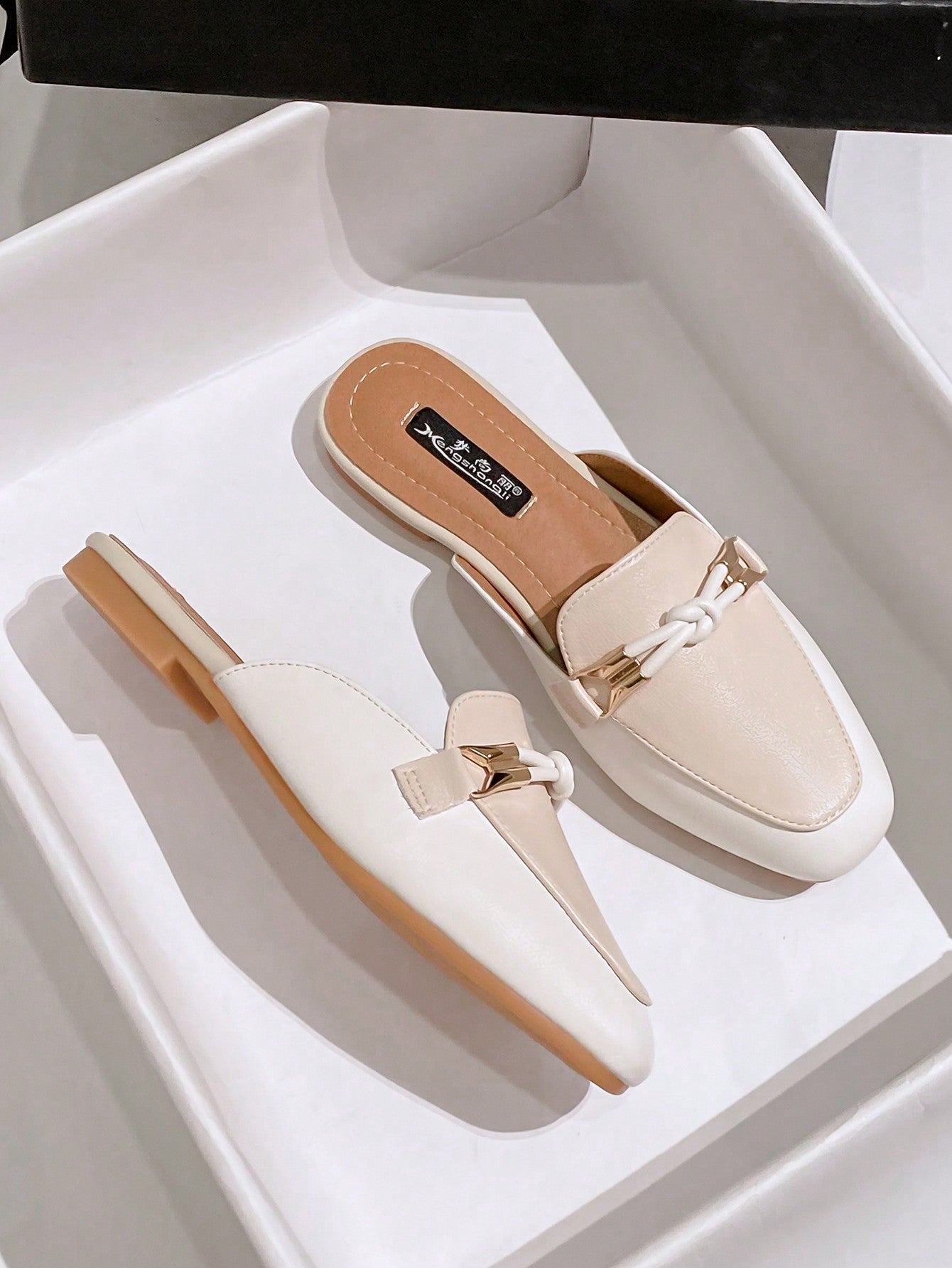 Knot Detail Square Toe Flat Mules, Apricot Elegant Knot Design Solid Color Mule Heels