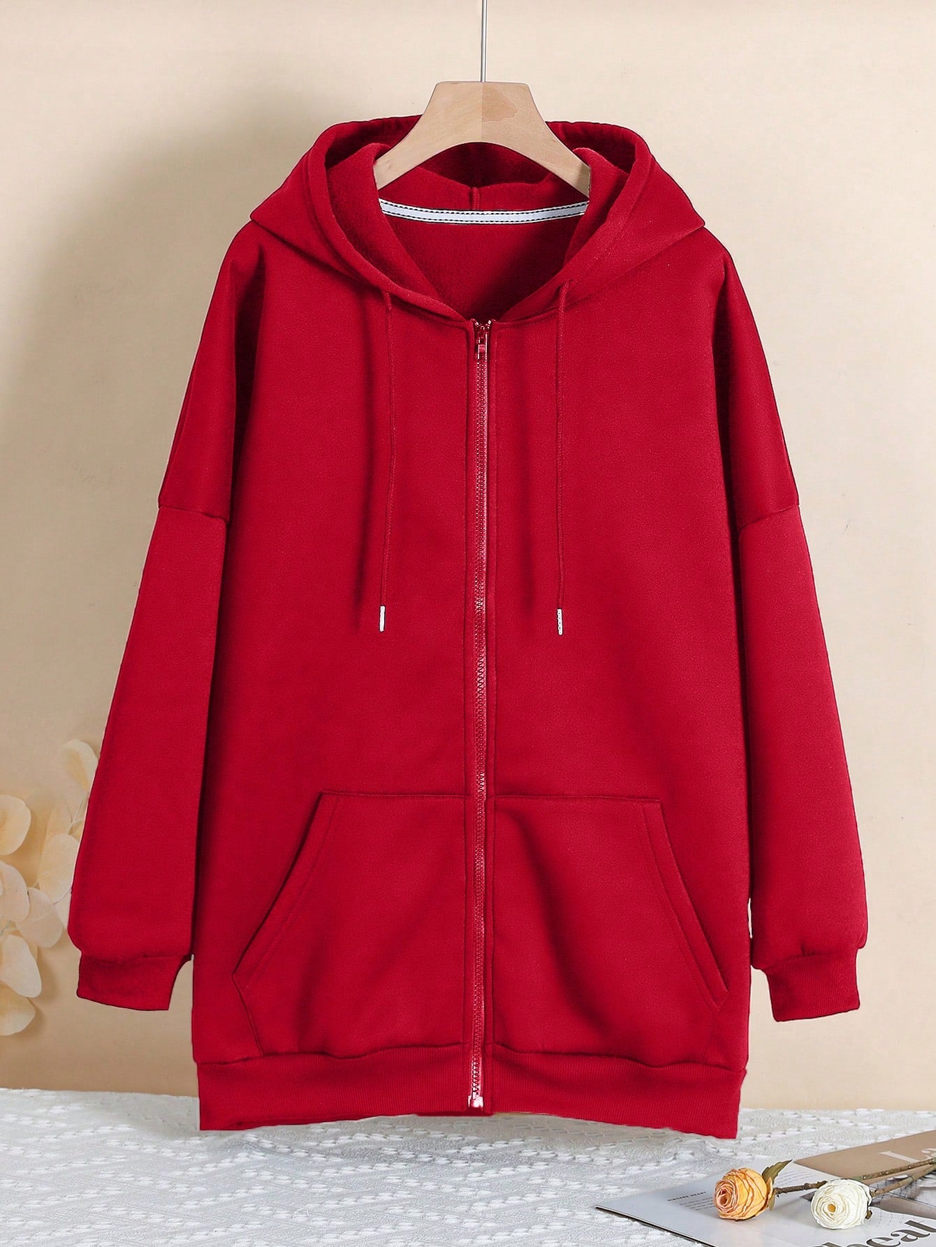 Plus Zip Up Drop Shoulder Drawstring Thermal Lined Longline Hoodie