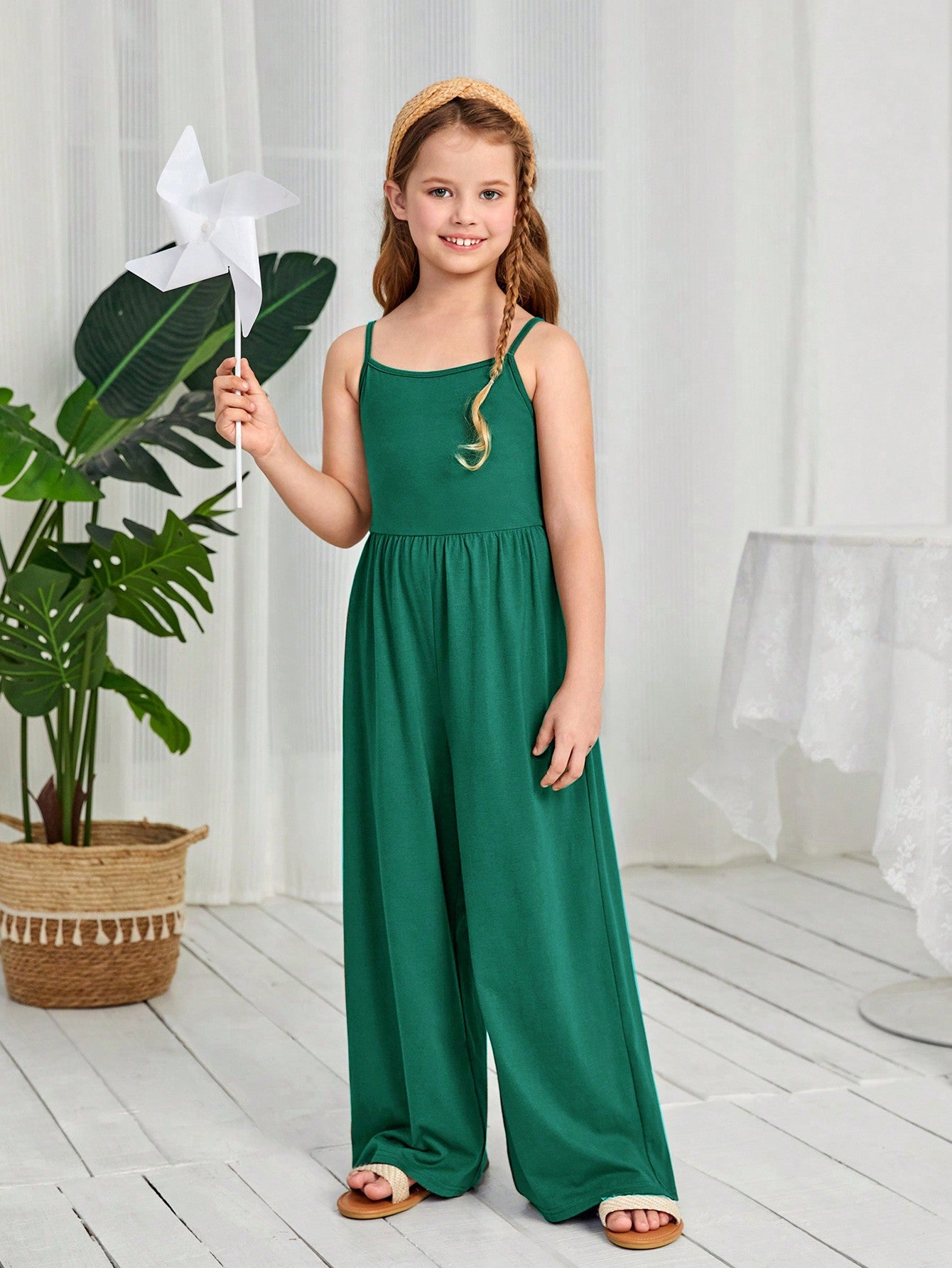 Solid Color Casual Cami Jumpsuit For Tween Girls, Wide-Leg Sleeveless Jumpsuit