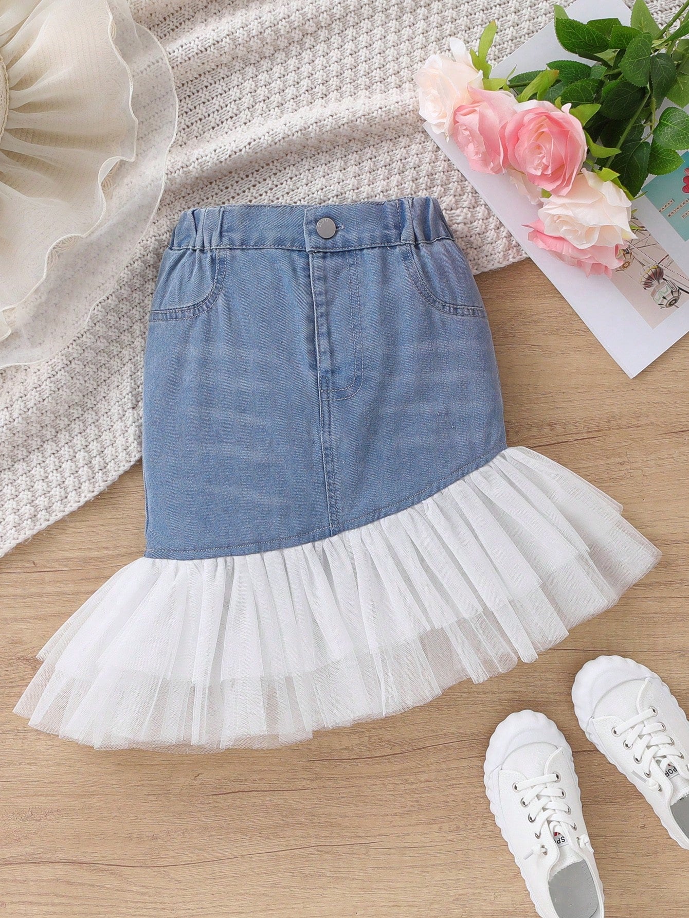 Young Girls Elegant Glamorous Mesh Contrast Elastic Waist Mid Skirt