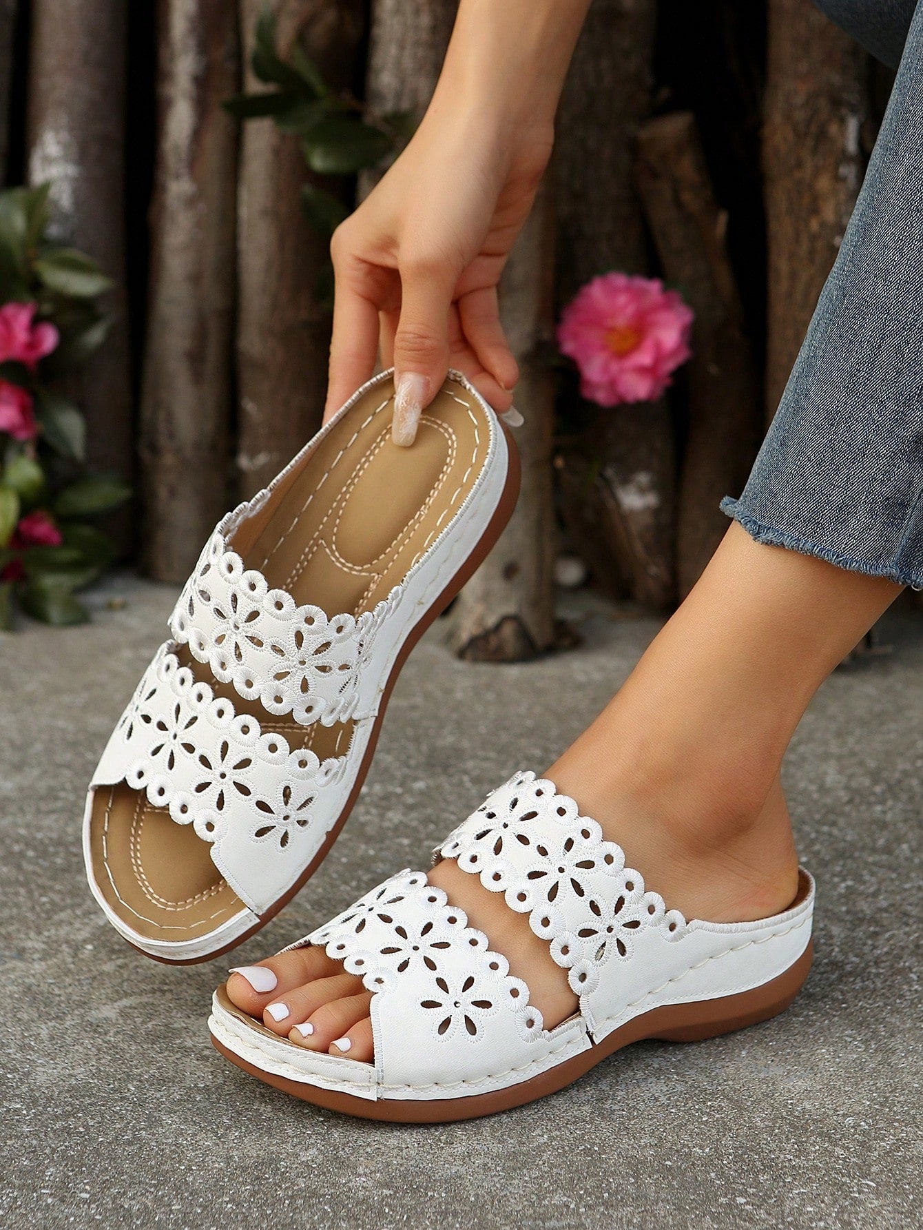 Women Summer Hollow Out Platform Slippers, Soft Bottom Backless Cut-Outs Wedges Sandals For Women