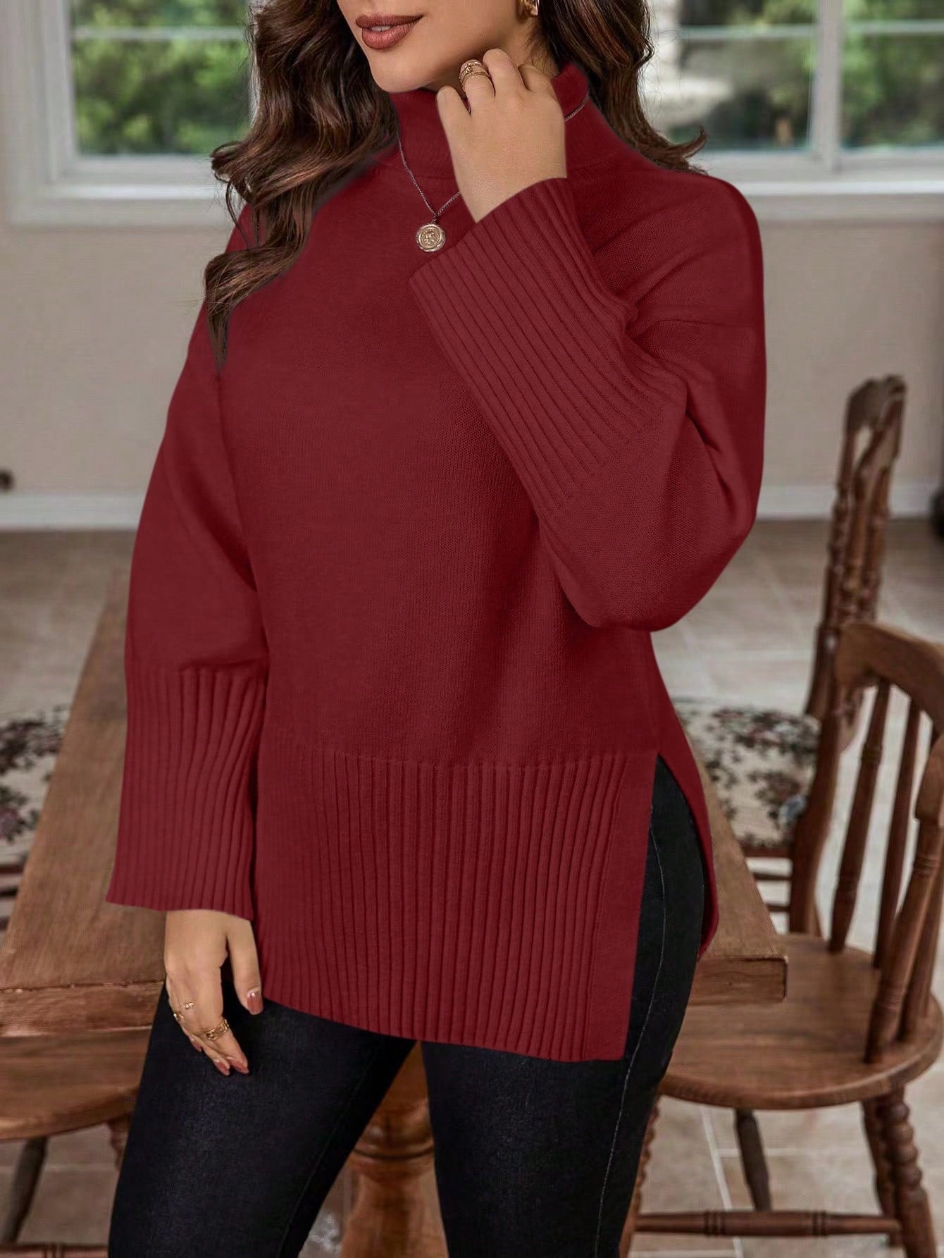 Plus Turtleneck Drop Shoulder Split Hem Sweater