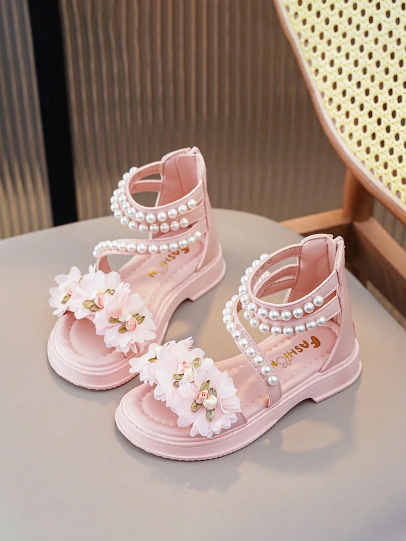 Girls' Flat Sandals With Flowers, Pearls, Zipper & Platform, Suitable For Toddlers, Little Kids, Big Kids