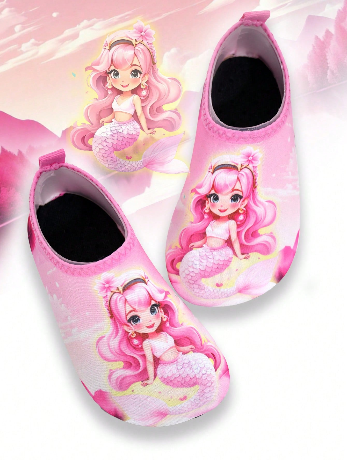 1pair Girls' Pink Mermaid Printed Rubber Anti-Slip Beach Water Shoes/ Breathable Yoga Shoes/ Soft Sole First Walking Shoes