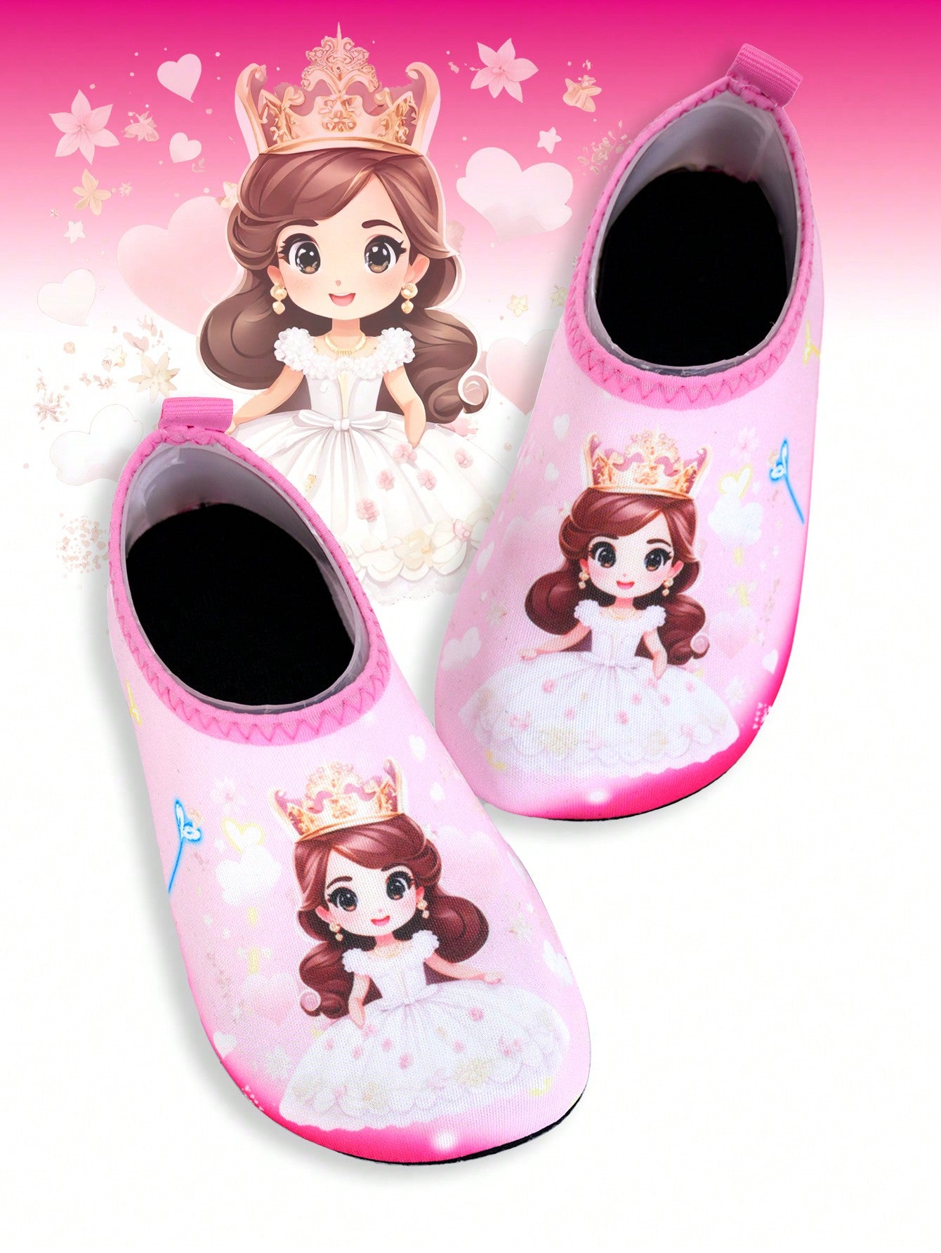 1pair Girls' Pink Princess Printed Rubber Beach Water Shoes & Breathable Soft Bottom Yoga Shoes & Baby's First Walking Shoes