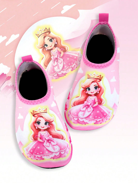 1pair Girls' Pink Princess Printed Rubber Anti-Slip Beach Water Shoes & Breathable Toddler Yoga Shoes & Infant Walking Shoes