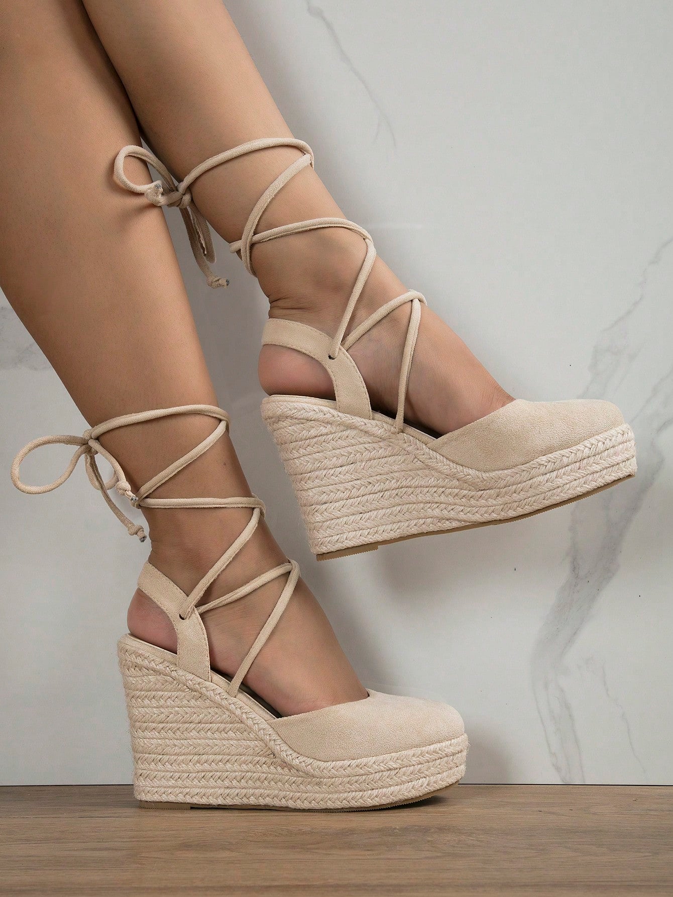 Women Beige Ankle Strap Woven Wedge Sandals, Round Toe High Heel For Vacation