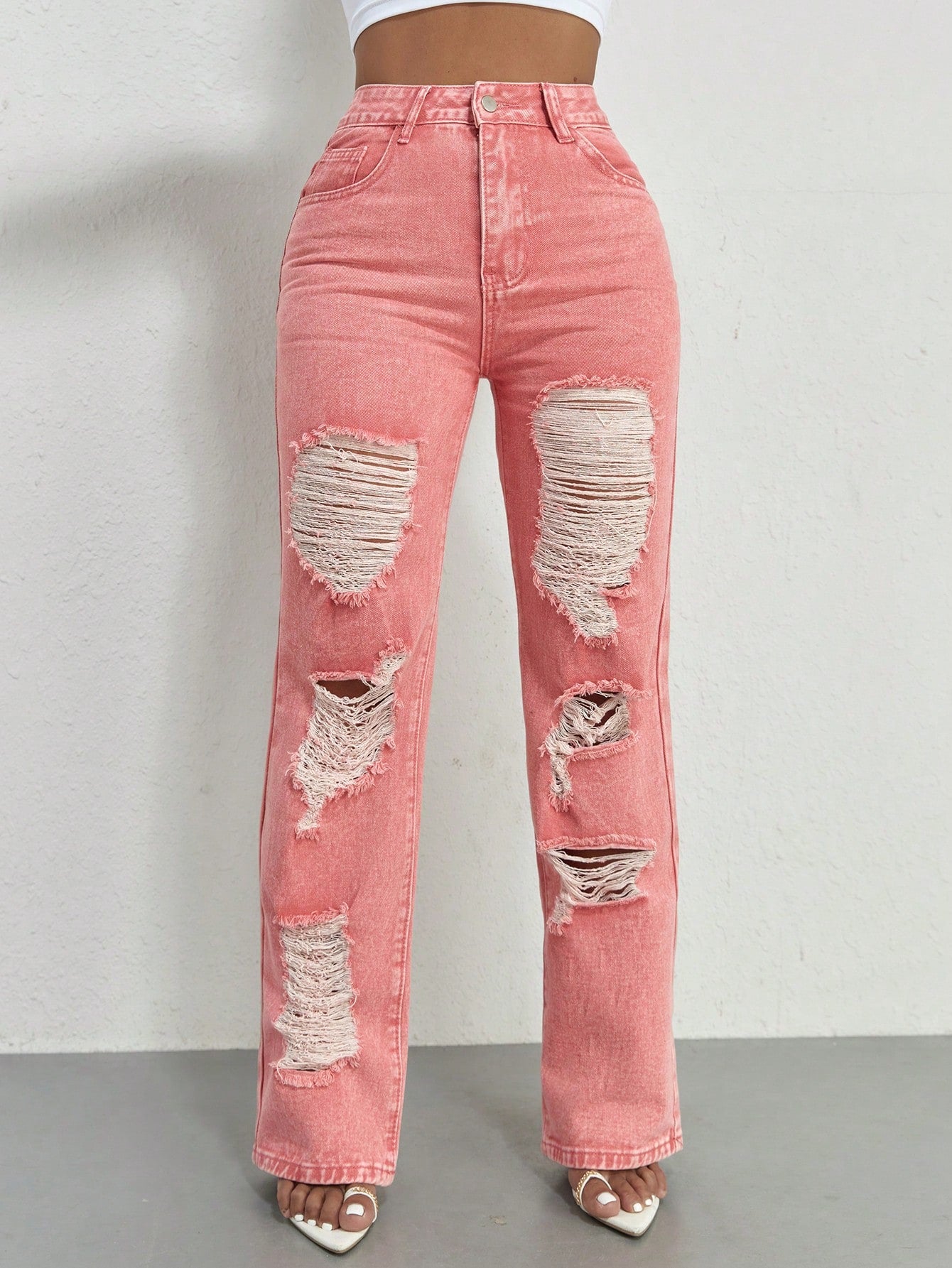 Y2K Street  Slant Pocket Distressed Ripped Cut Out Straight Leg Jeans