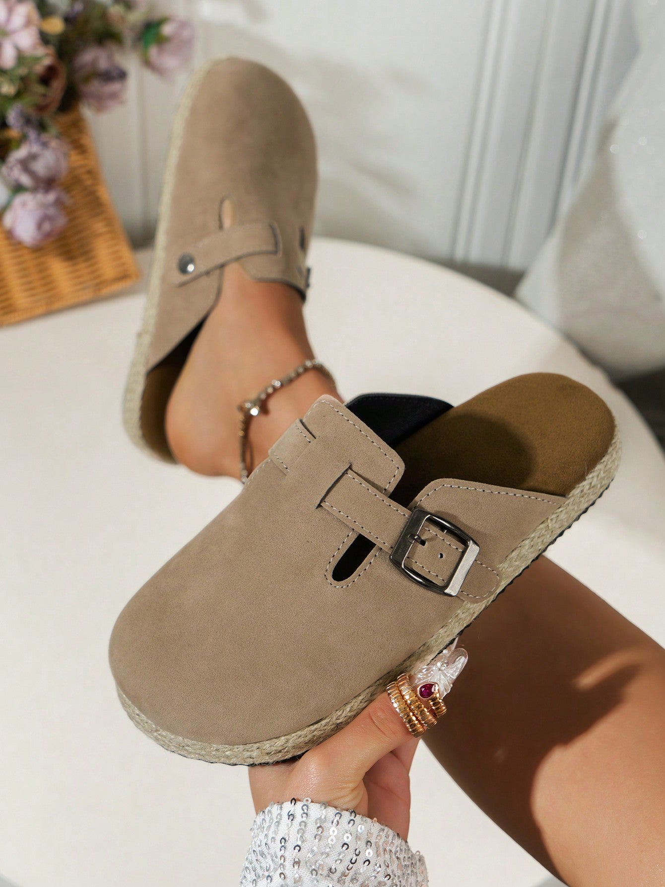 Women's Buckle Design Backless Fashionable Linen Rope Light Sneakers With Flat Non-Slip Sole