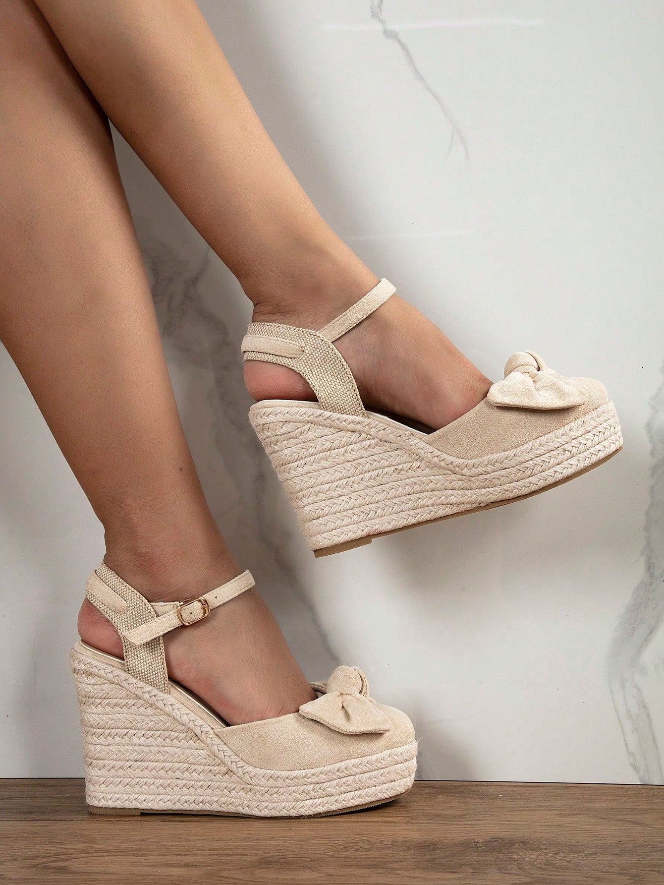 Women Beige Ankle Strap Woven Wedge Sandals, Round Toe High Heel For Vacation