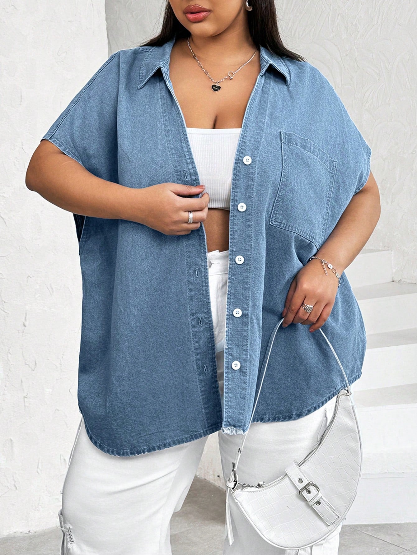 Plus Size Women's Short Sleeve Loose Fit Denim Jumpsuit With Turn-Down Collar And Pressed Line Detail