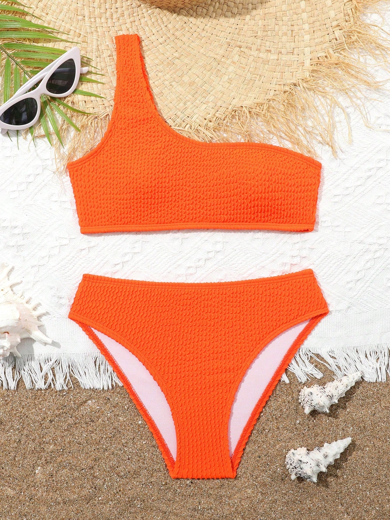 Tween Girl Plain Smocked One Shoulder Bikini Set Summer Beach