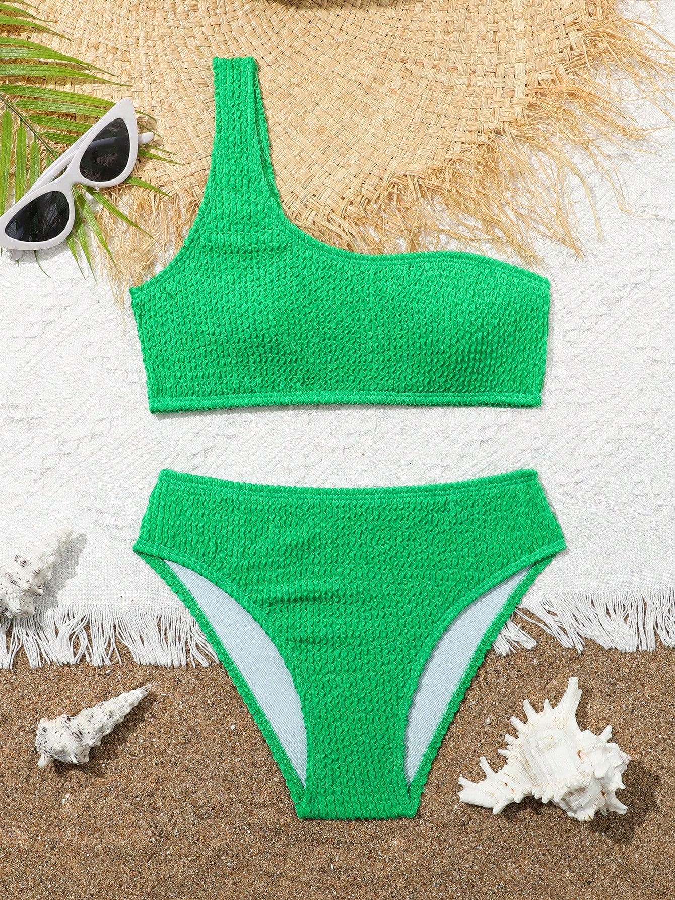 Tween Girl Plain One Shoulder Bikini Set Summer Beach