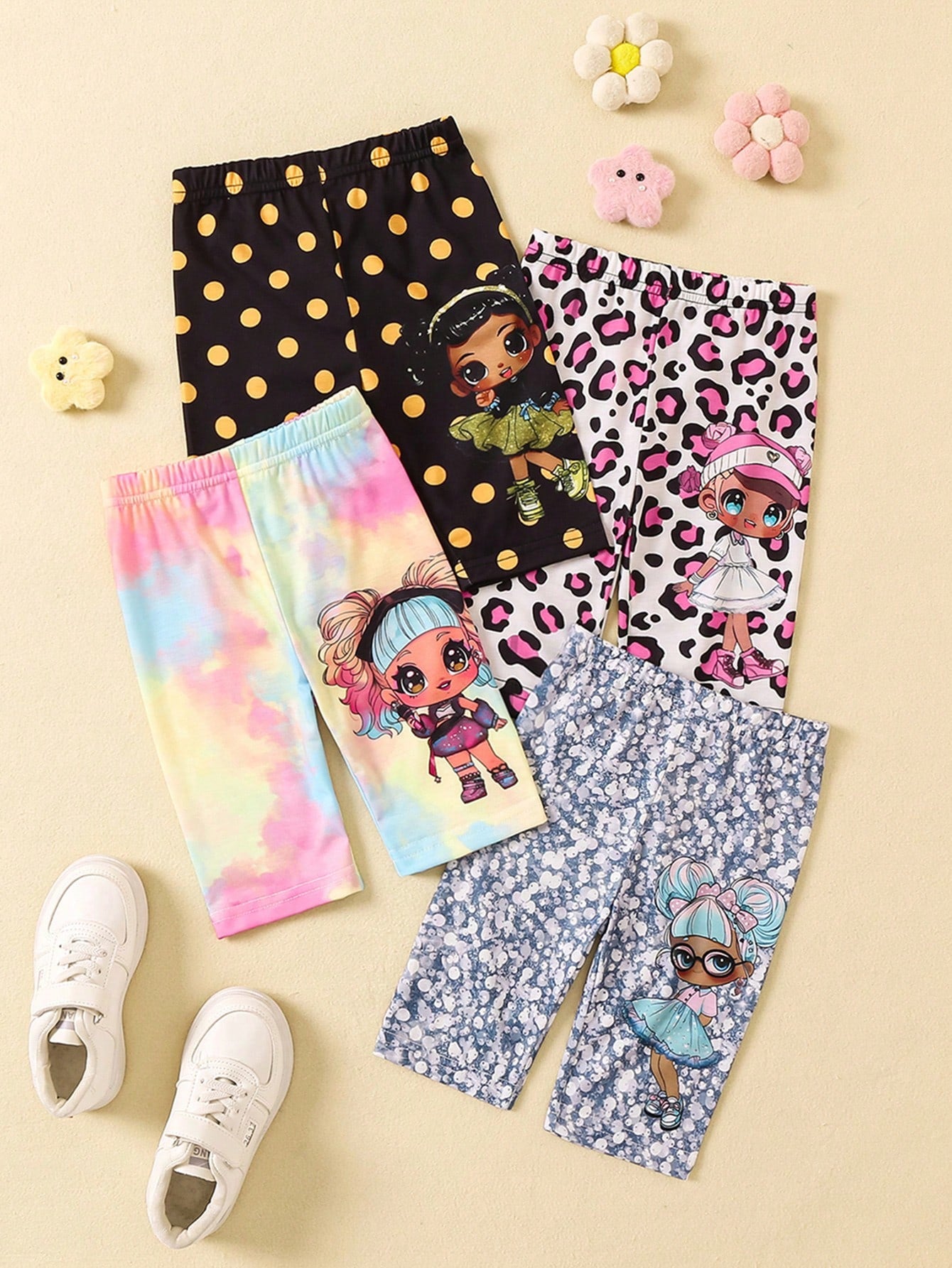 Young Girl 4pcs/Set Elastic Waist Shorts With Portrait Print Pattern, Versatile