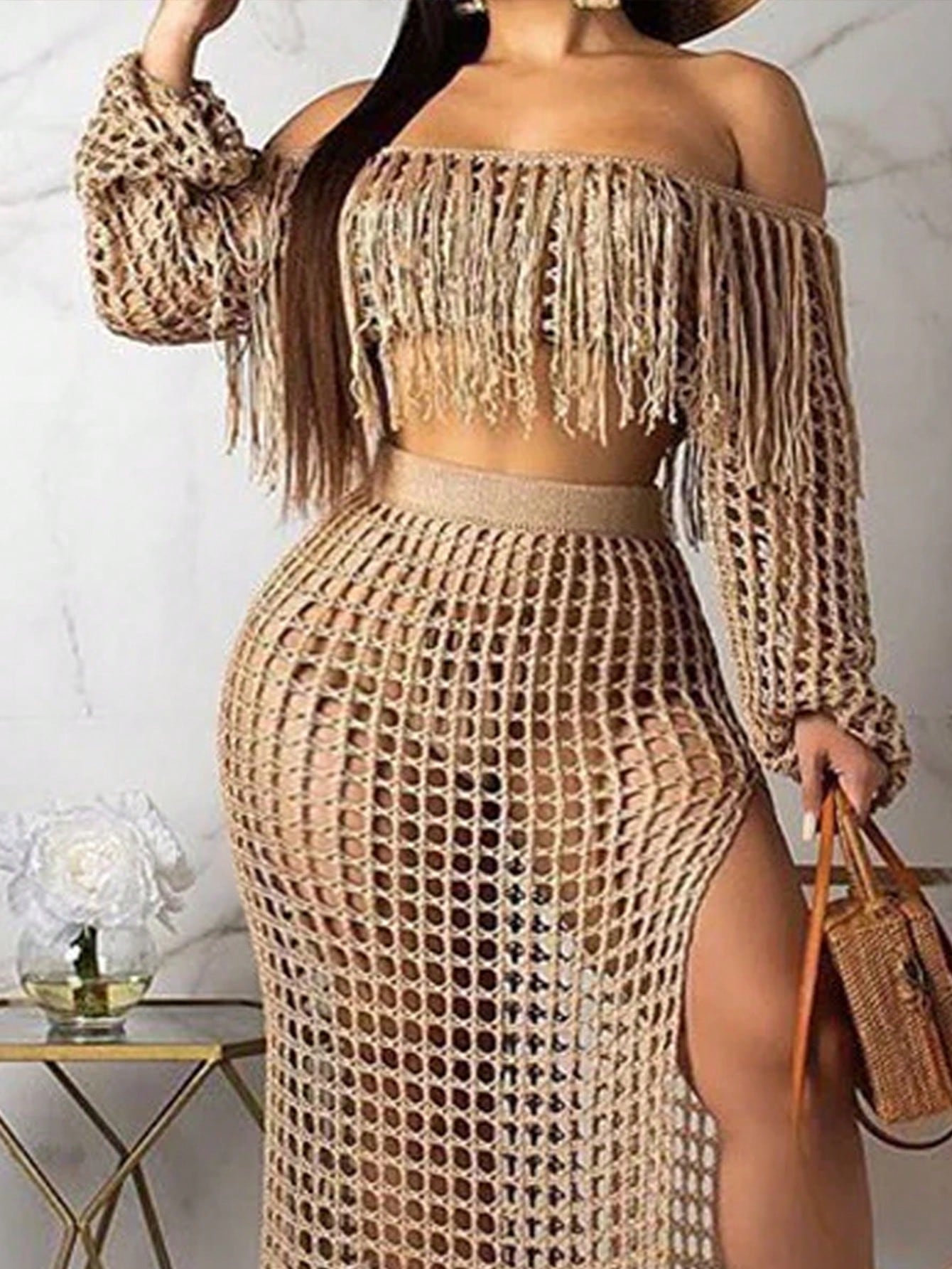 Plus Size Hollow Out Crochet Fringed Off Shoulder Crop Sweater For Vacation