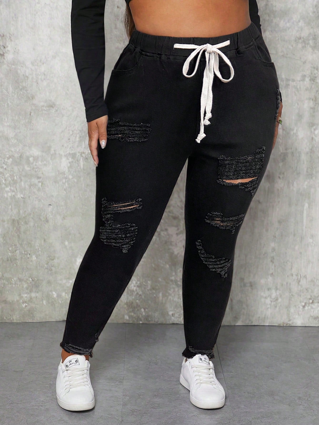 Plus Drawstring Waist Ripped Skinny Jeans