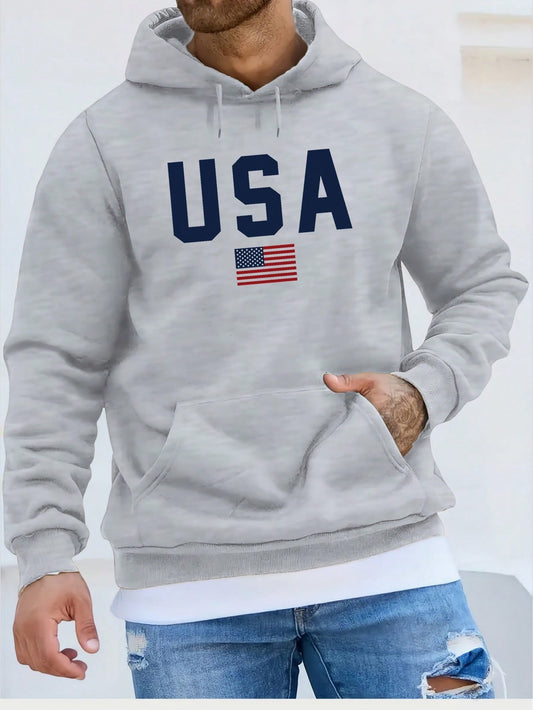 Men's Letter & American Flag Print Drawstring Hooded Long Sleeve Sweatshirt