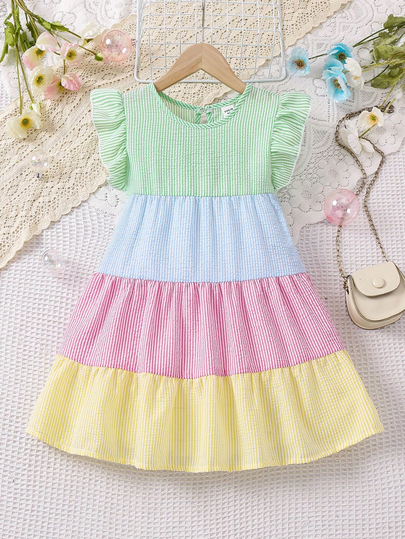 Young Girls' Striped Color Block Ruffle Trimmed Dress With Decorative Bow