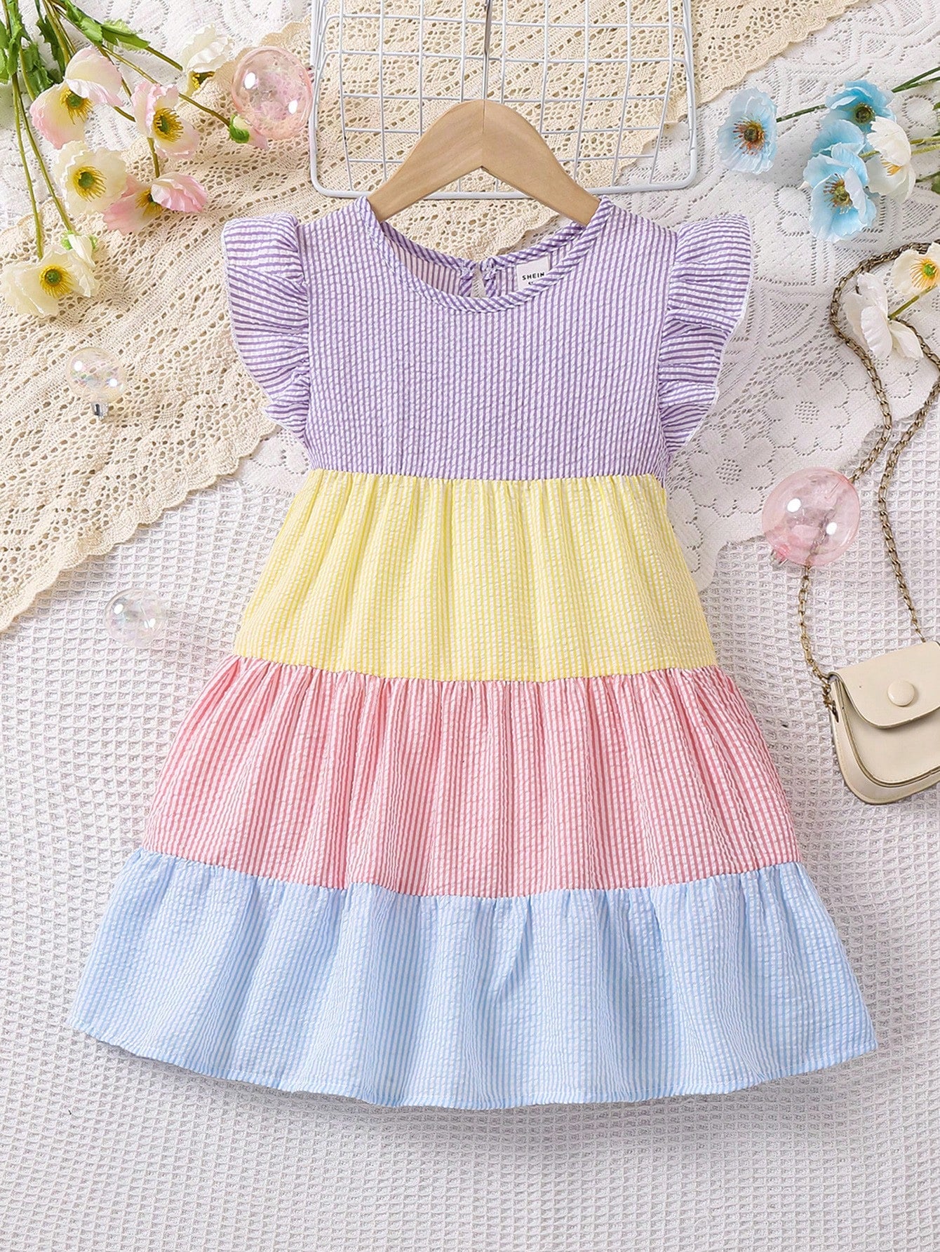 Young Girls' Striped Color Block Ruffle Trimmed Dress With Decorative Bow