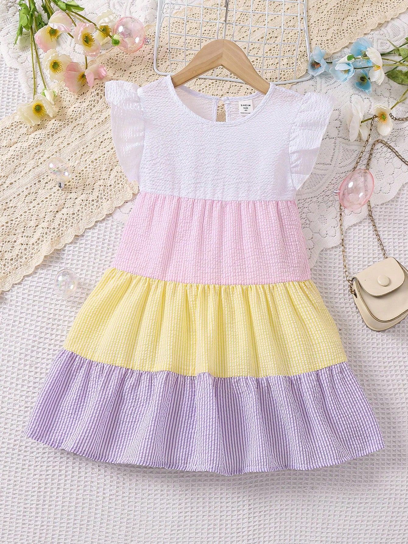 Young Girls' Striped Color Block Ruffle Trimmed Dress With Decorative Bow