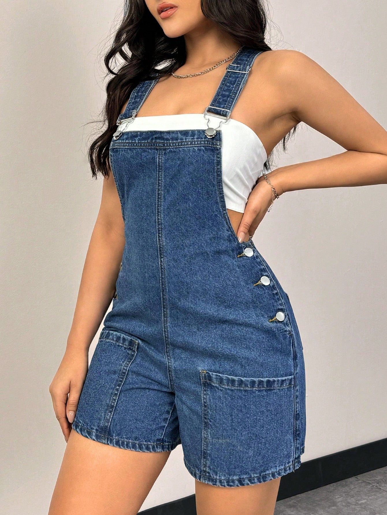 Women's Side Button Denim Overalls Shorts