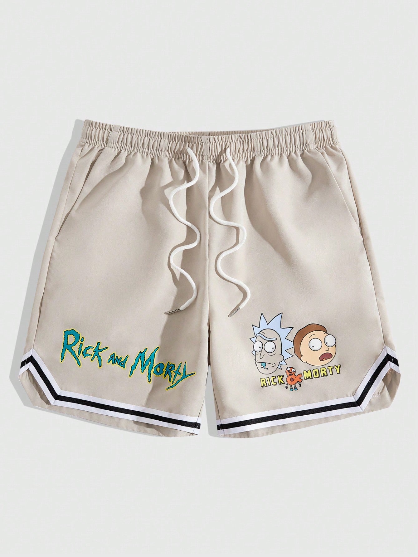 Rick and Morty | Men Cartoon & Letter Graphic Striped Trim Drawstring Waist Shorts, School