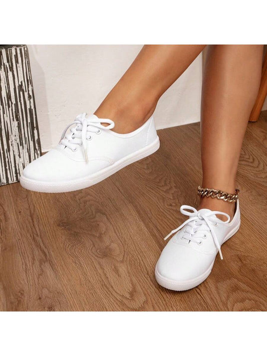 Couple Unisex Solid Color Canvas Shoes, Casual Outdoor Sneakers With Laces, Lightweight Low-Top White Shoes