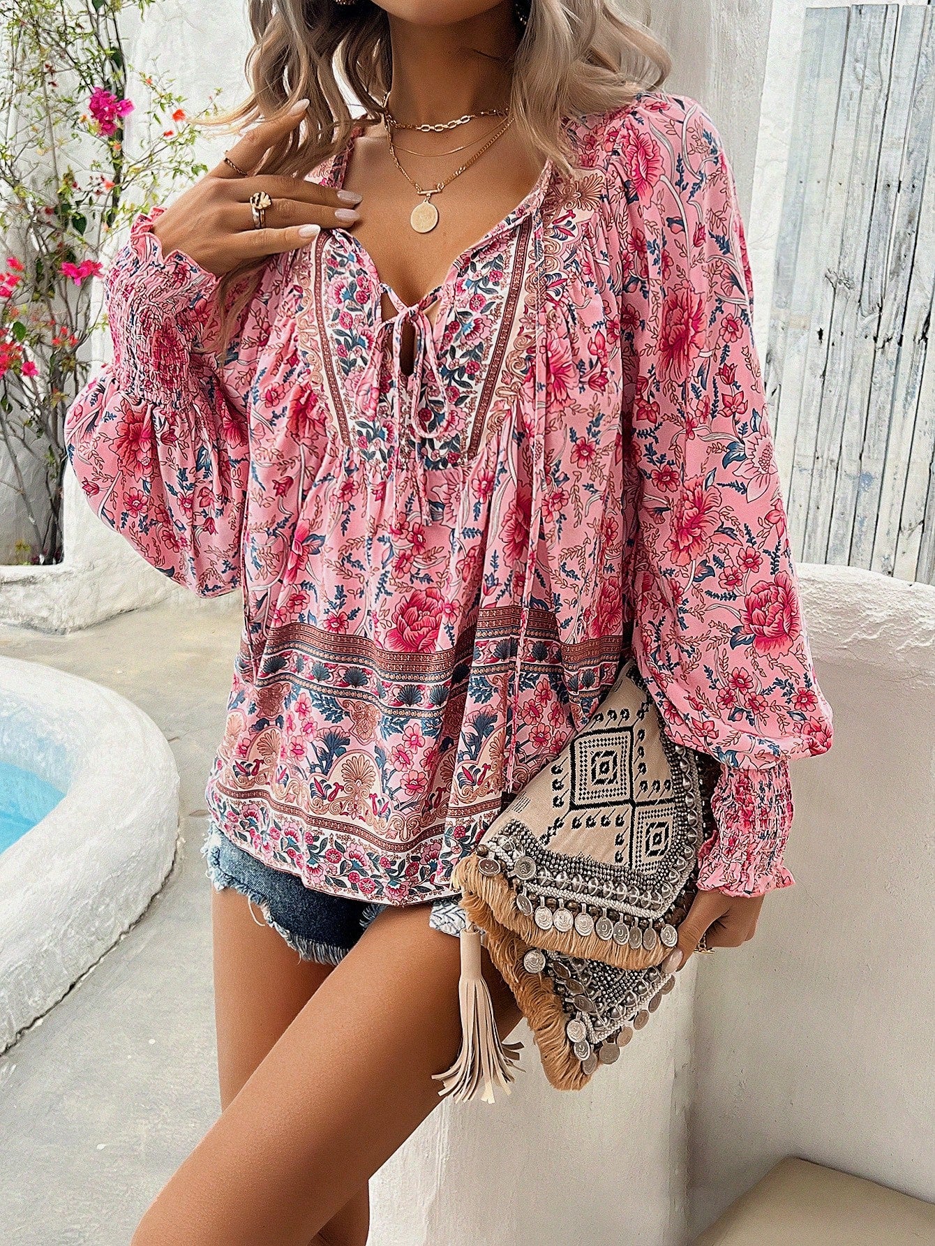 Floral Print Tie Neck Lantern Sleeve Blouse