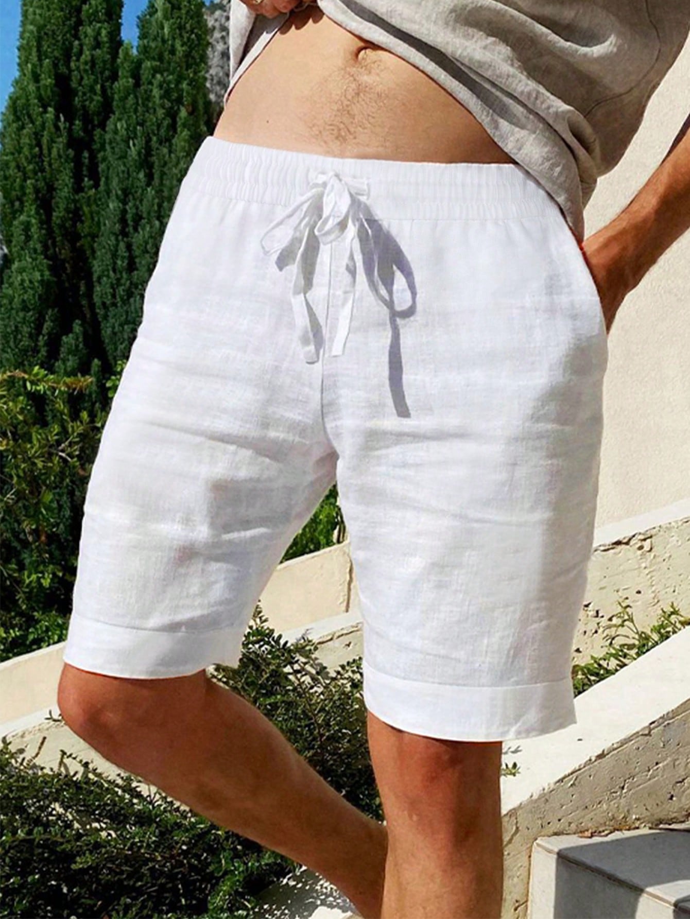 Men's Solid Color Drawstring Elastic Waist Casual Shorts, Fashionable And Versatile