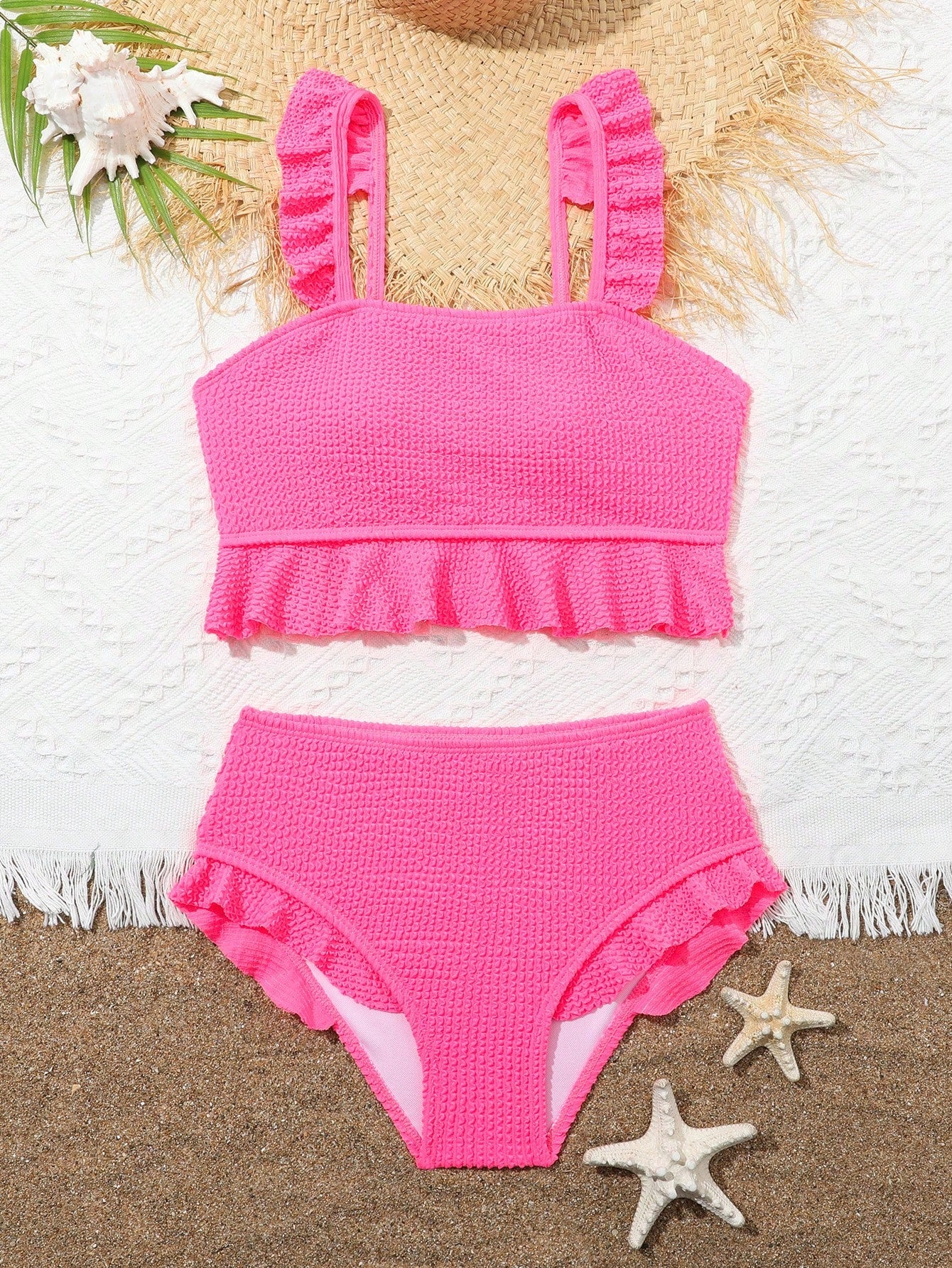 Solid Color Textured Bikini Set With Flounce Trim For Tween Girls