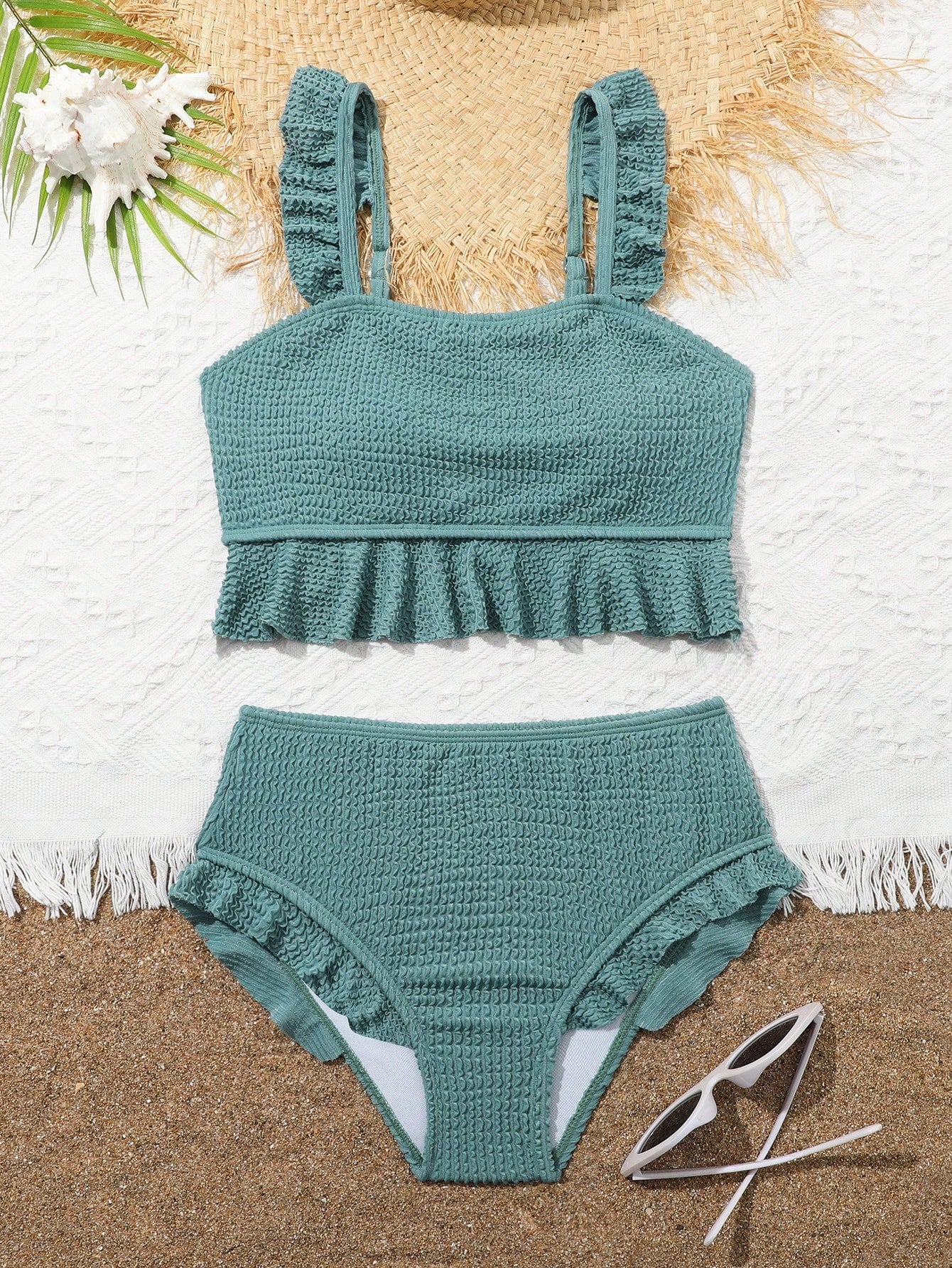 Solid Color Textured Bikini Set With Flounce Trim For Tween Girls