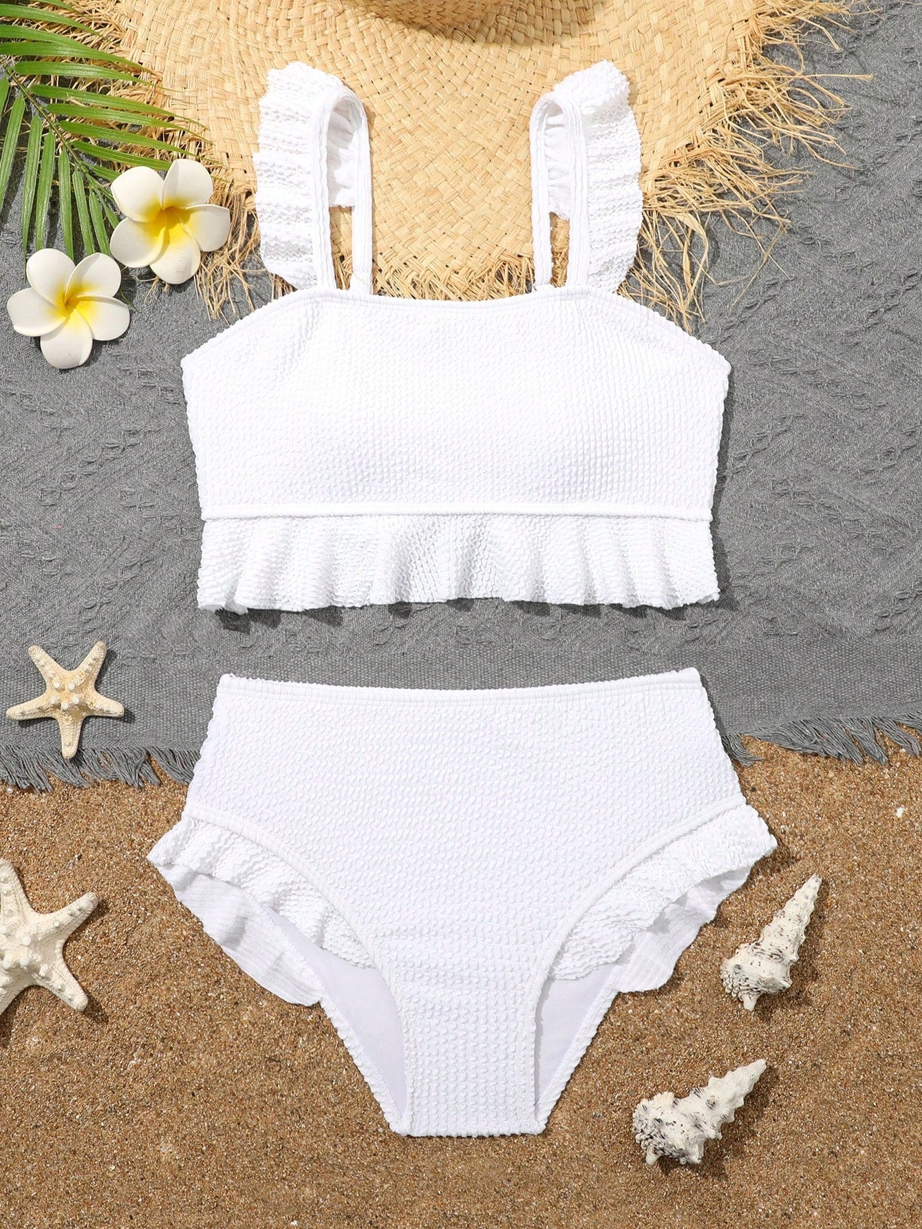 Tween Girl Spaghetti Strap Bikini With Ruffled Hem And Uniquely Textured Fabric In Solid Color