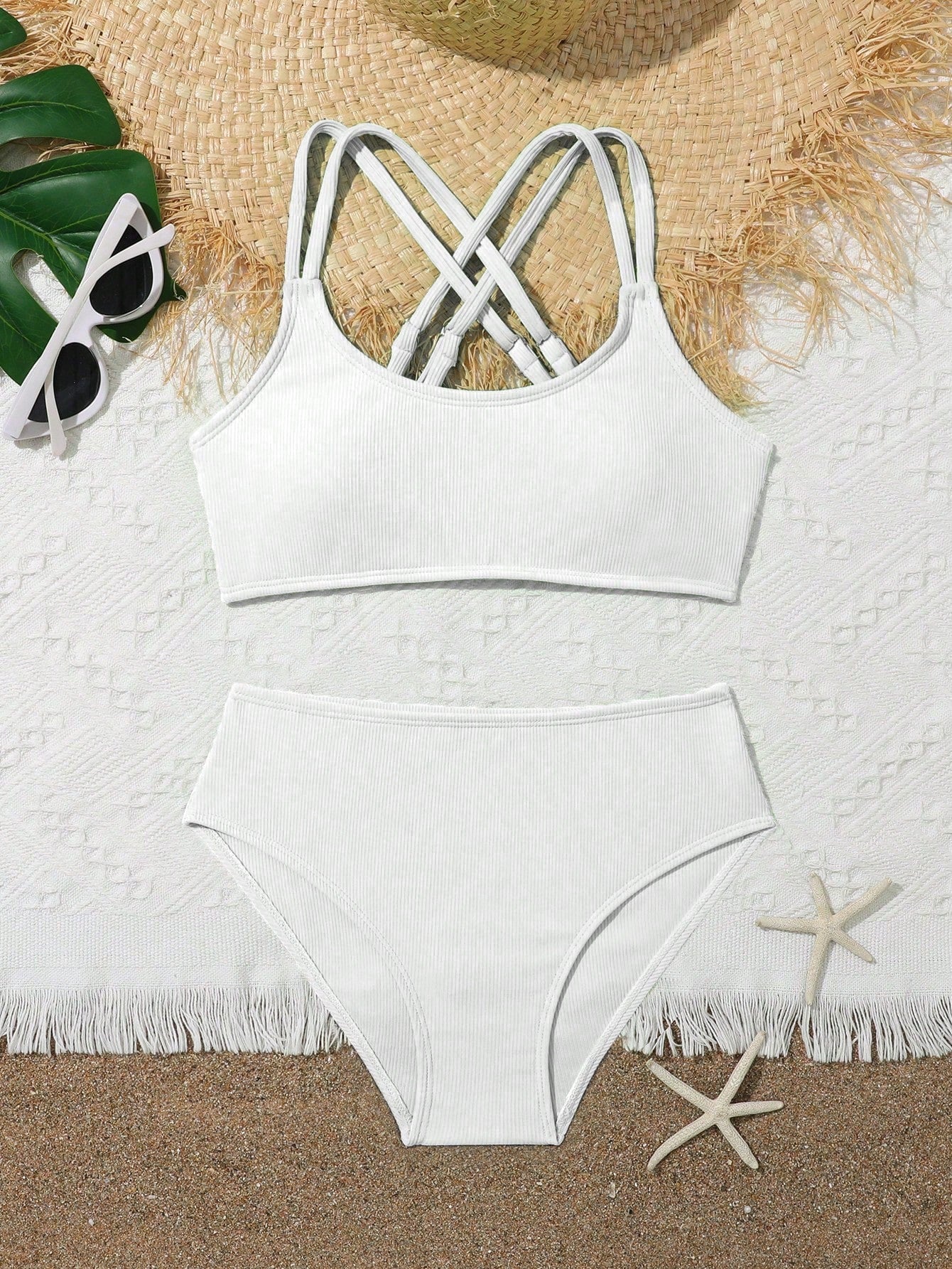 Tween Girl Summer Beach Two-Piece Ribbed Criss-Cross Shoulder Strap Bikini Set Bathing Suit