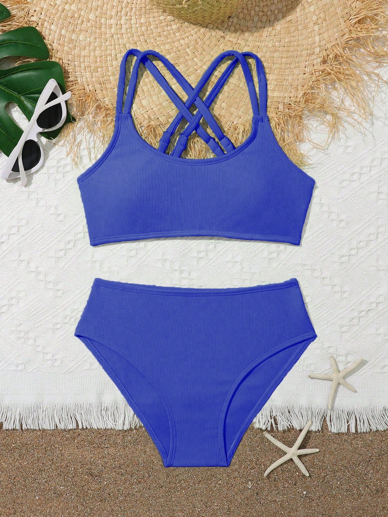 Tween Girl Solid Color Ribbed Knit Separate Bikini Set, Spring/Summer Summer Beach