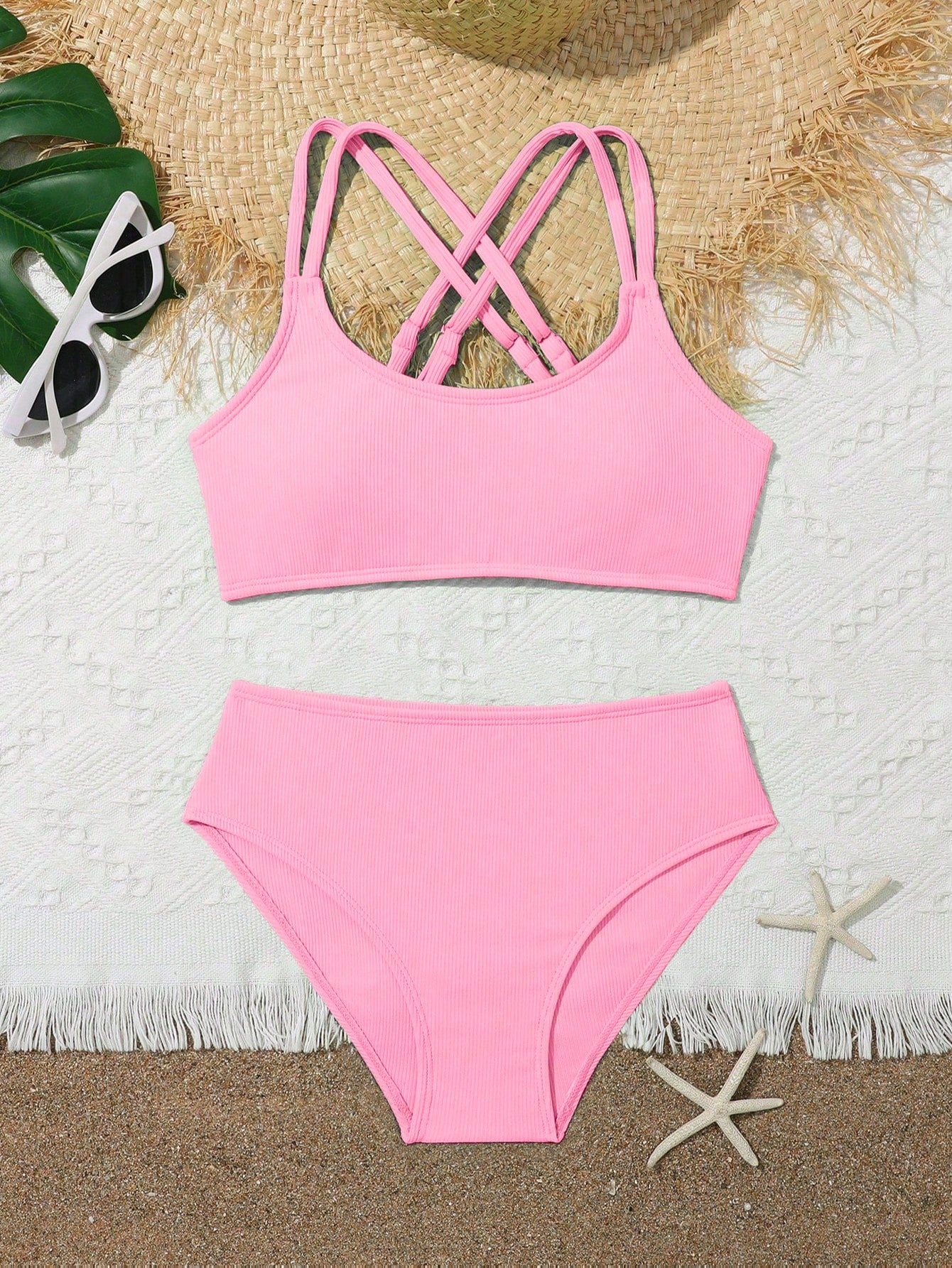 Tween Girl Solid Color Ribbed Knit Separate Bikini Set, Spring/Summer Summer Beach