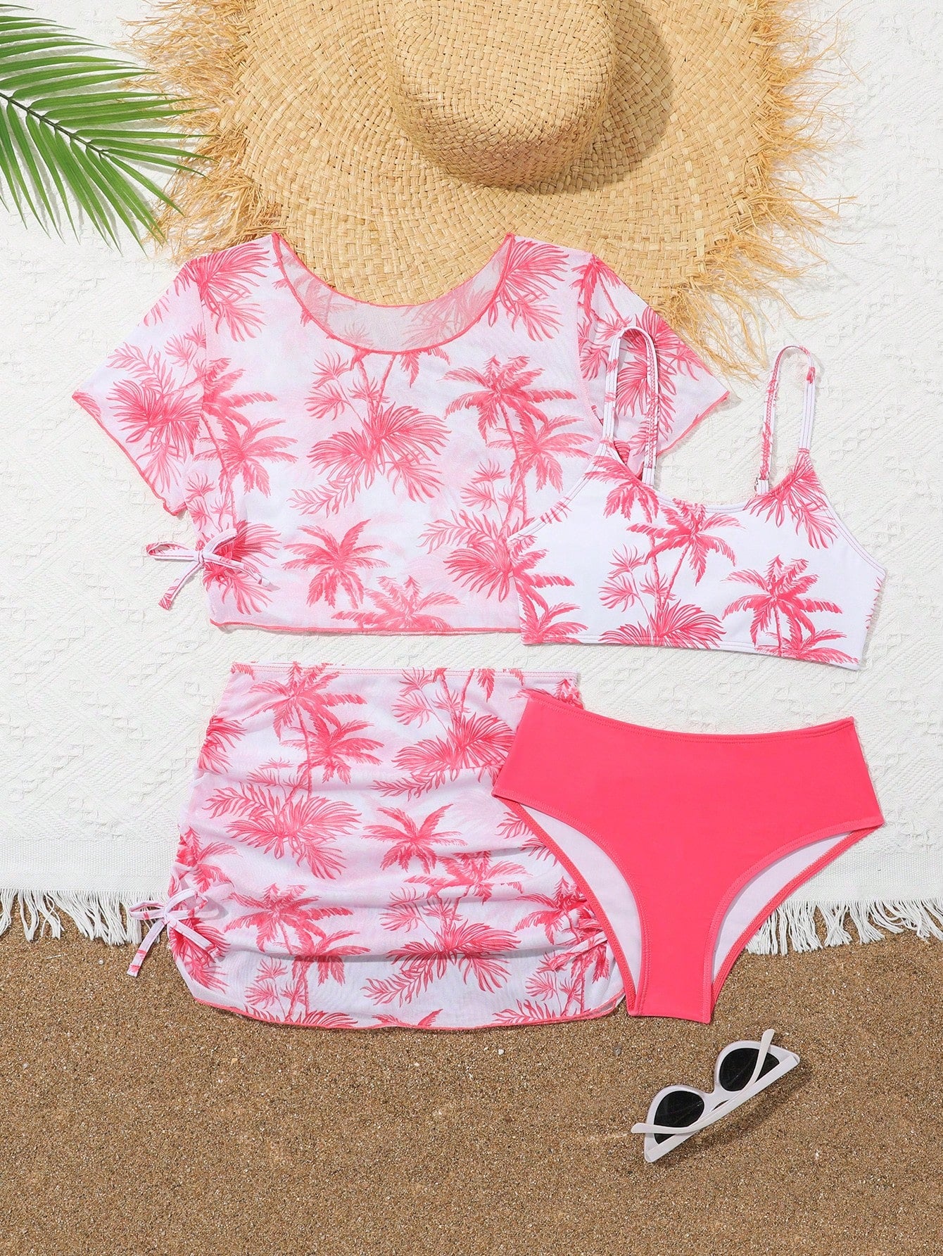 Tween Girl Tropical Printed Ruched Bikini Set With Drawstring Set, Short Sleeve Bathing Suit Beach Outfit Summer Vacation Summer Beach