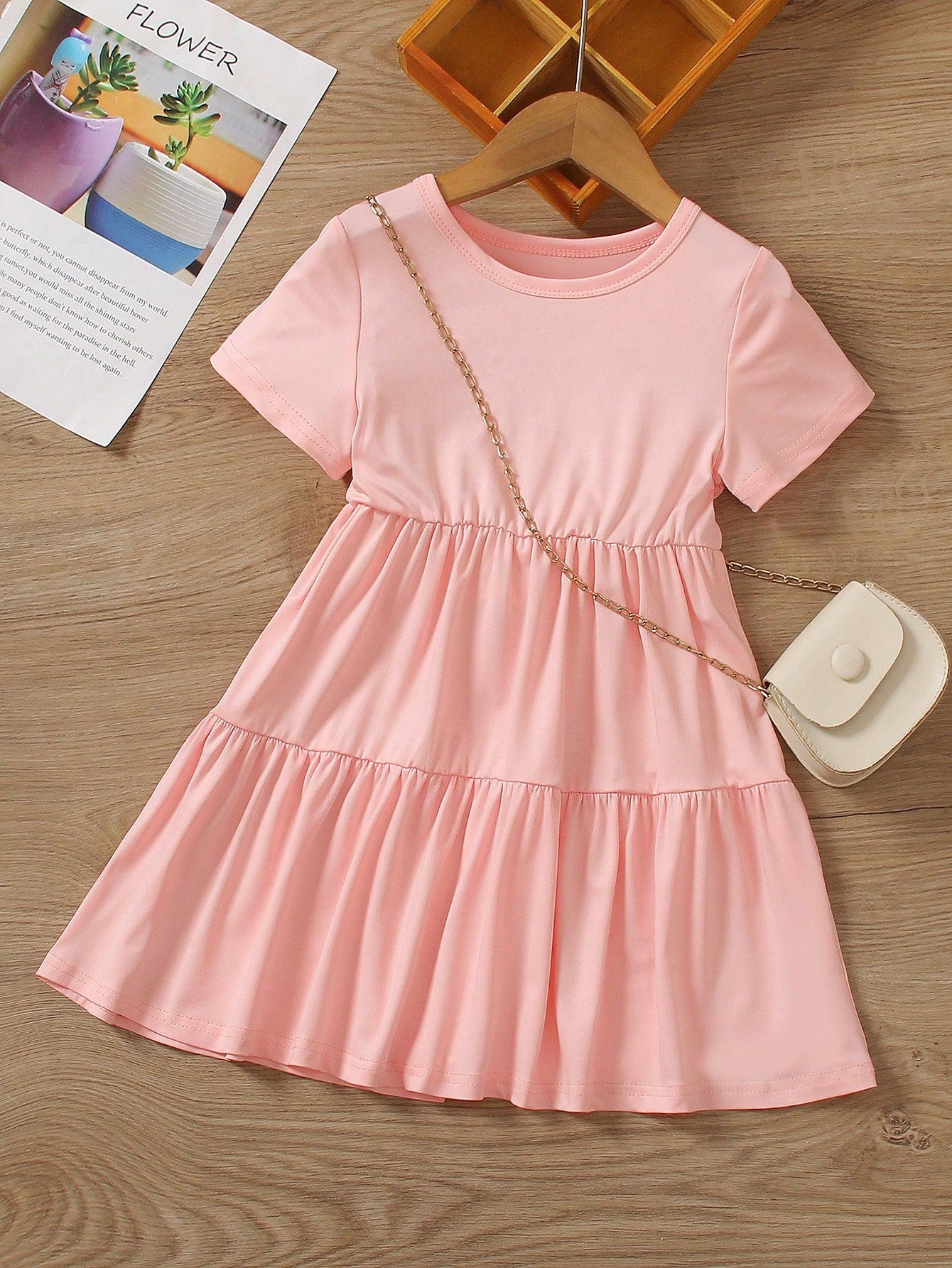 Young Girl Round Neck Solid Color Ruffle Hem Summer Casual Dress, Fashionable And Comfortable For Spring And Summer Wear