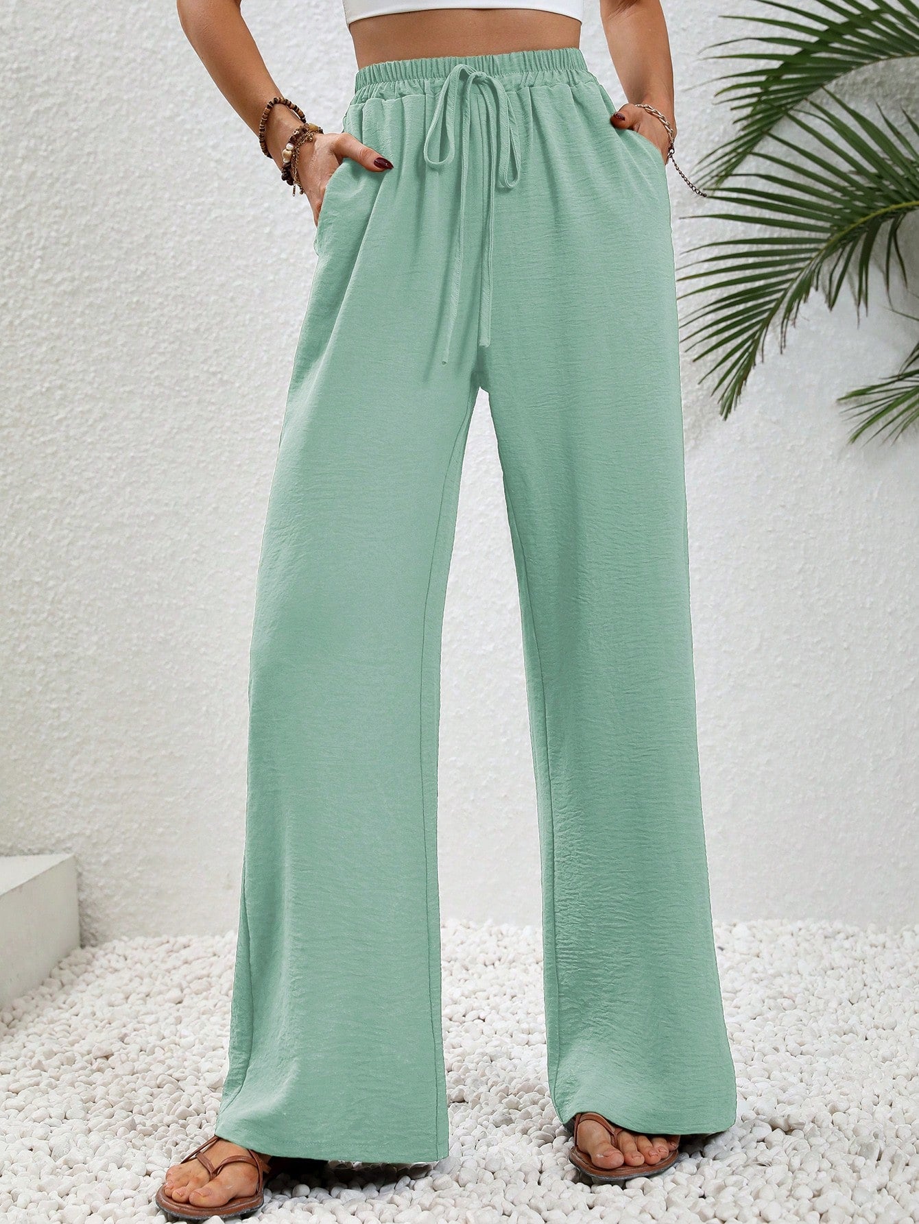 Women's Tie Waist Solid Color Straight Pants With Pockets