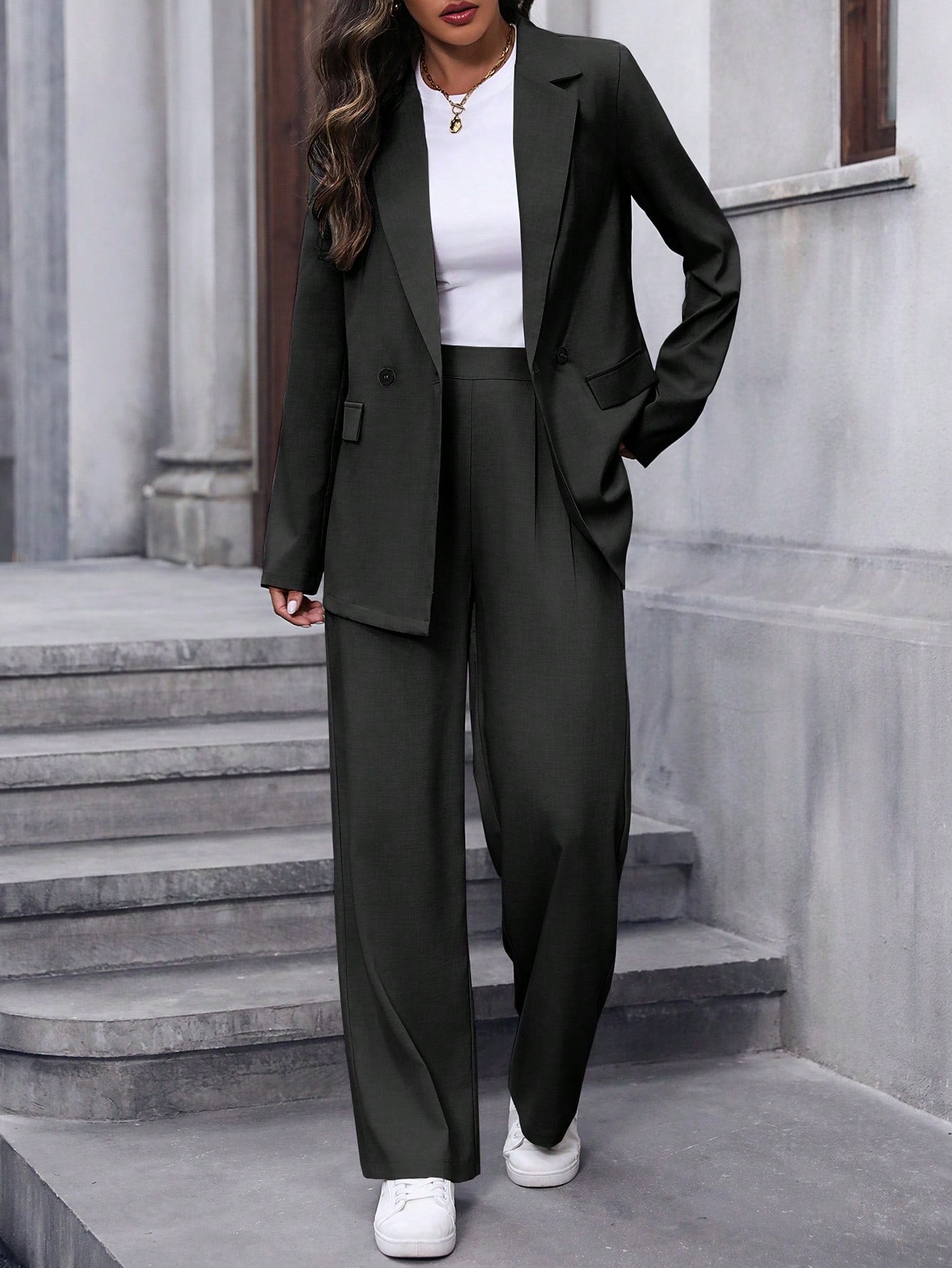 Women Solid Color Double-Breasted Blazer With Long Sleeves And Suit Pants With Pockets Suit Set