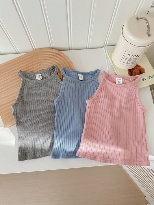 Young Girl Sporty & Cool Knit Tank Top (3pcs) With Ribbed Hem And Solid Colors