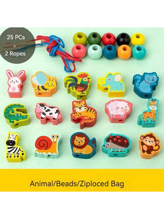 1 Bag Of Wooden Beads With Different Animal Shaped Big Beads, Helps To Train Concentration, Stringing Rope, Early Education, Intellectual Toy, Perfect For Children Education And Festival Gifts