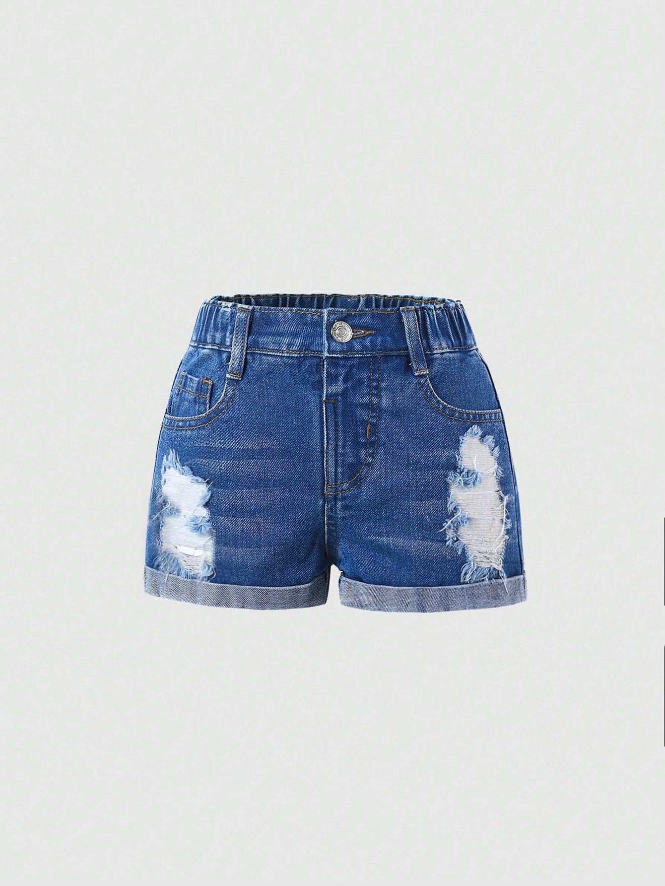 Streecool Kids Young Girl's Basic Casual Daily Dark Blue Washed Distressed Ripped Denim Shorts With Rolled Hem