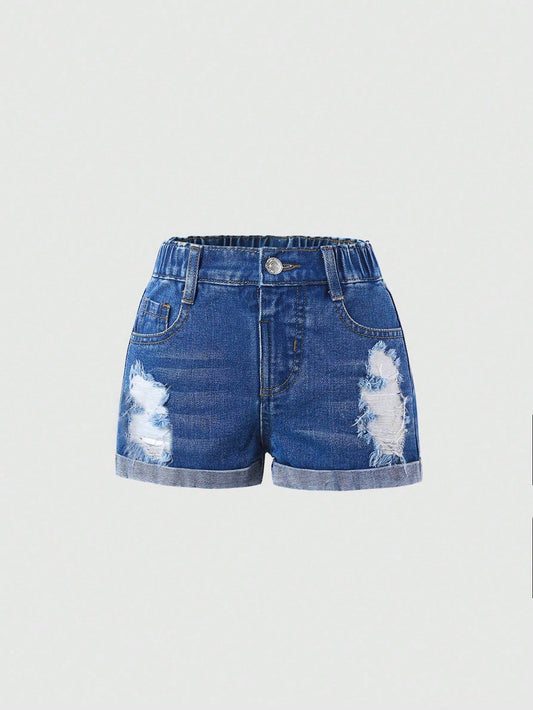 Streecool Kids Young Girl's Basic Casual Daily Dark Blue Washed Distressed Ripped Denim Shorts With Rolled Hem