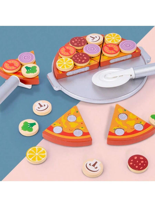 Wooden Pizza Cutting Play Food Toy Set For Kids' Pretend Play Kitchen, Fun Cutting Activity