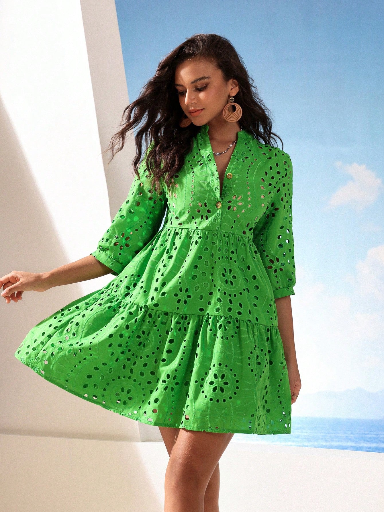 Eyelet Embroidery Button Front Smock Dress