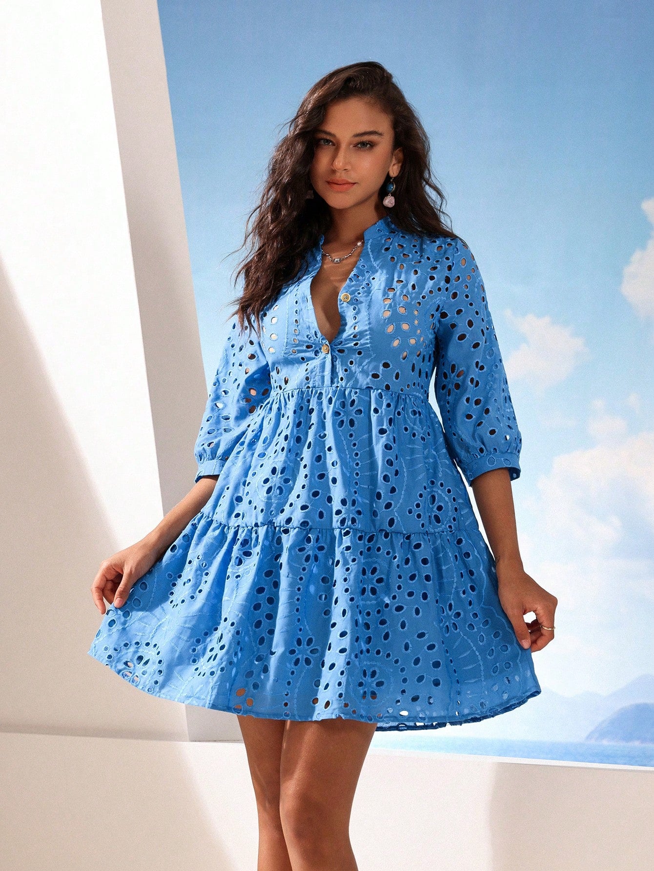 Eyelet Embroidery Button Front Smock Dress