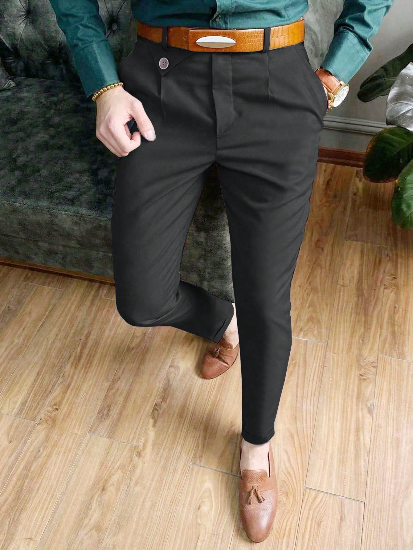 Men's Solid Color Folded Pleated Dress Pants